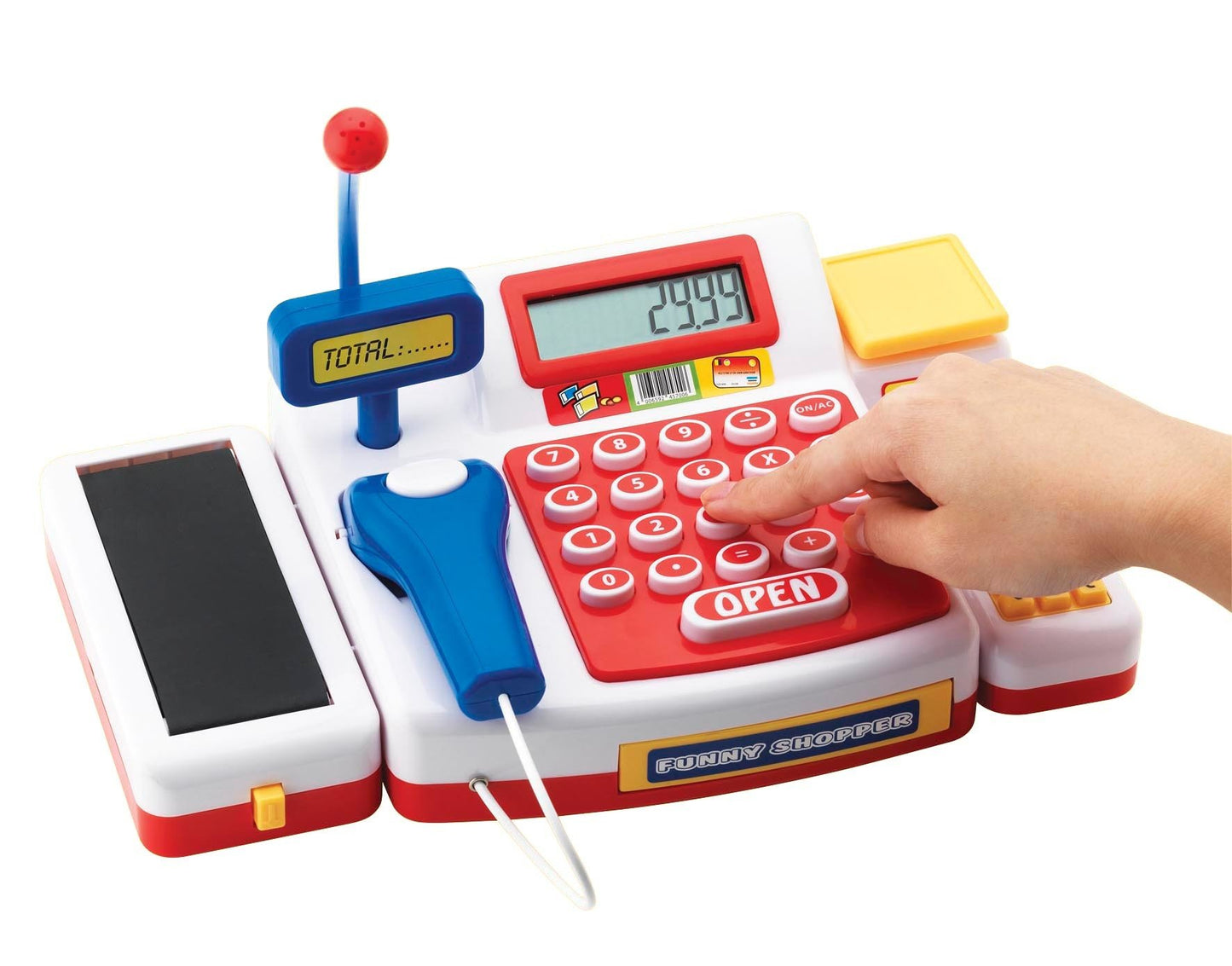 Simba 104525700 - Casă de marcat cu scanner, calculator, bandă de rulare, cititor de carduri, alimente, 16 monede, 13 bancnote, 36 luni - 8 ani