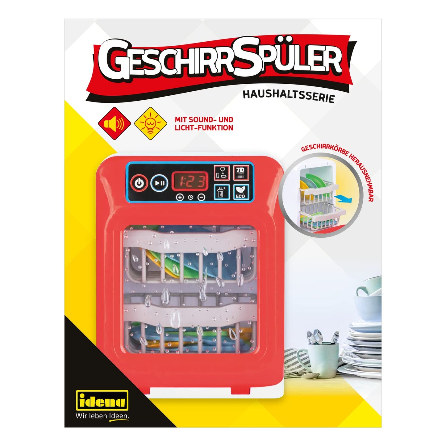 Idena 40472 - Mașină de spălat vase pentru copii cu efecte de lumină și sunet, inclusiv coșuri de spălat, farfurii și tacâmuri, jucărie pentru dezvoltarea abilităților practice