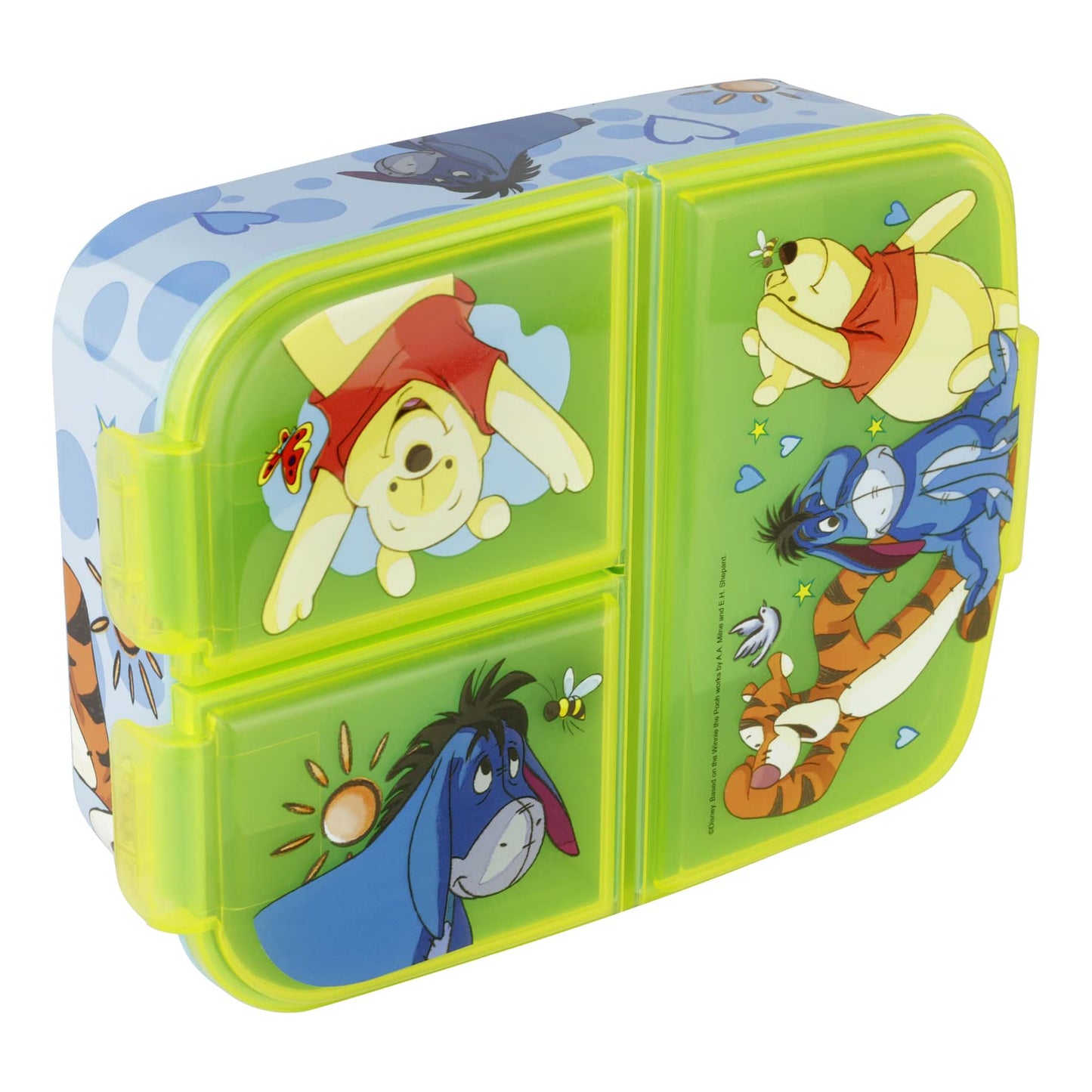 Cutie pentru prânz Winnie Pooh pentru copii cu 3 compartimente, din plastic cu închideri tip clip, ideală pentru grădiniță, școală și timp liber.