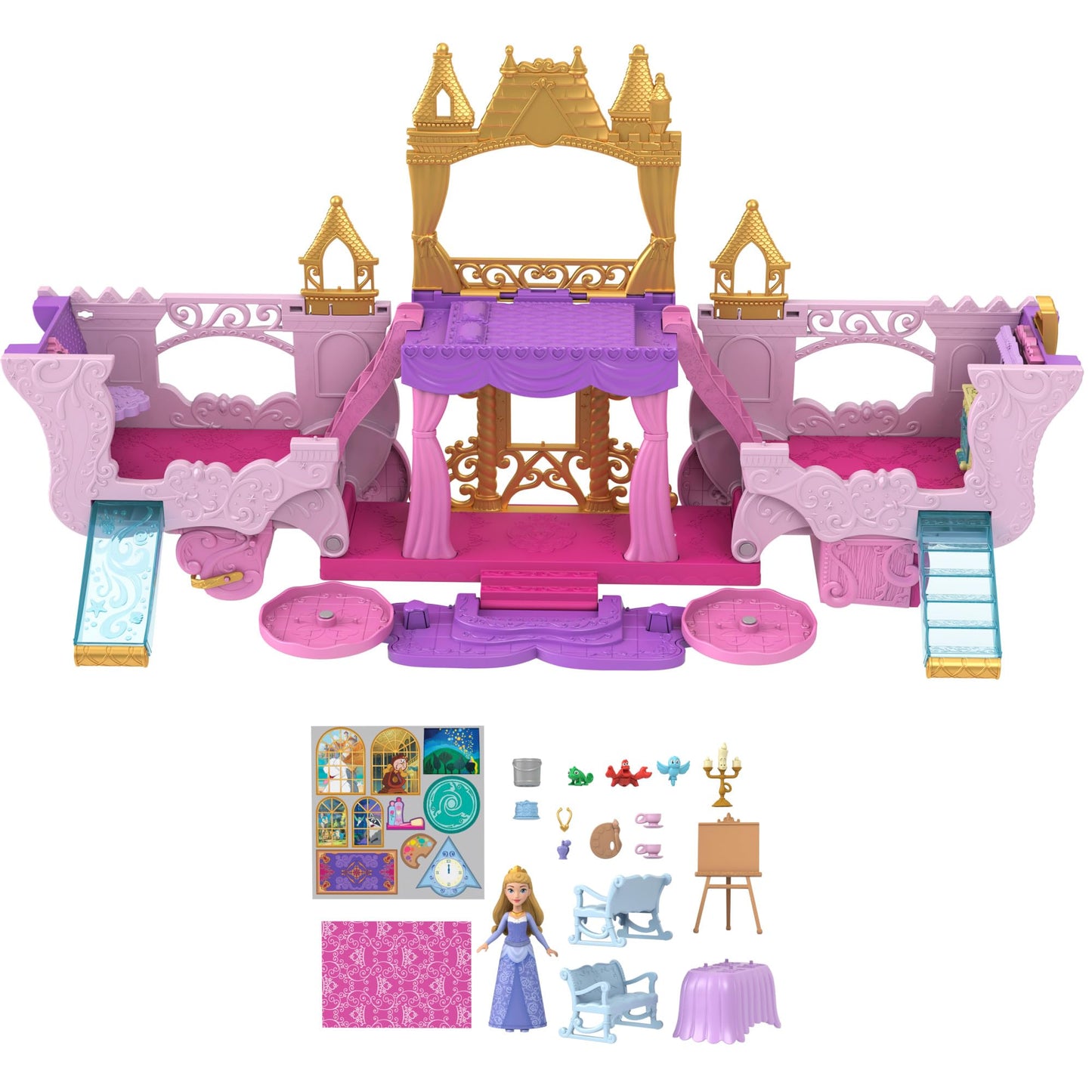 Set de joacă Mattel Disney Prințesă cu trăsură către castel, păpușă Aurora, 3 niveluri, 6 zone de joacă, 4 figurine, mobilier și accesorii HWX17