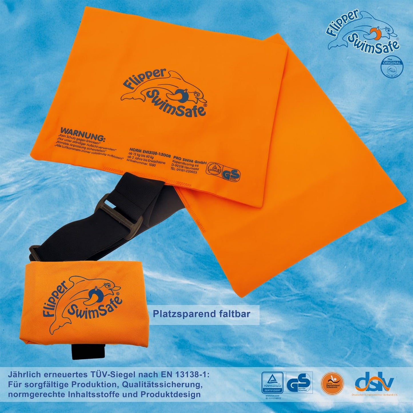 SwimSafe 1080 - Pernă de înot pentru copii mici din bumbac, ajutor de înot sigur cu bandă elastică reglabilă pentru învățarea înotului