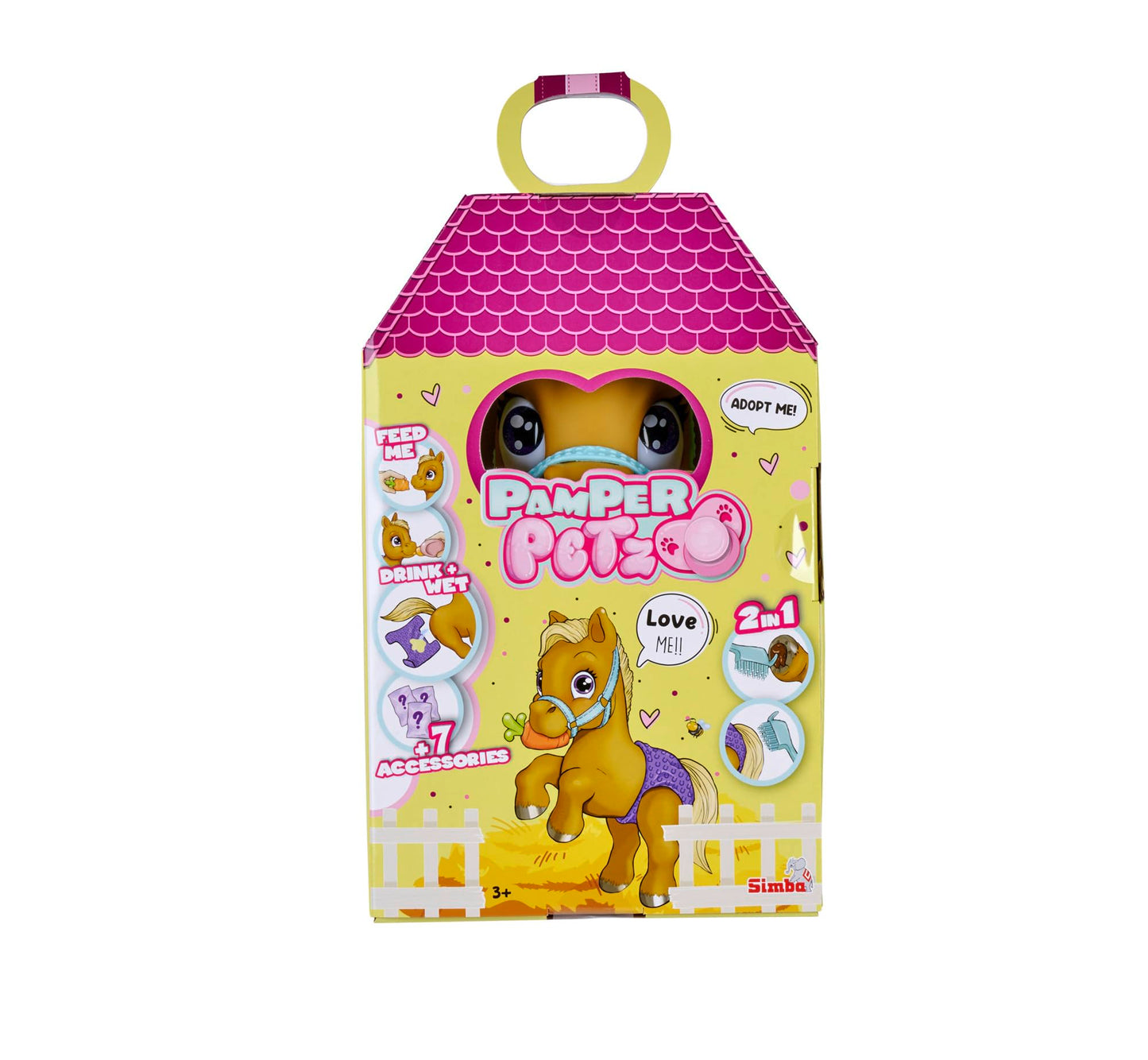 Simba 105950009 Set de joacă Pony Pamper Petz 24 cm cu funcție de băut și udare, mânz cu coadă pieptănabilă, schimbare culoare, animal de companie cu scutec, 11 surprize, pentru fete și băieți de la 3 ani