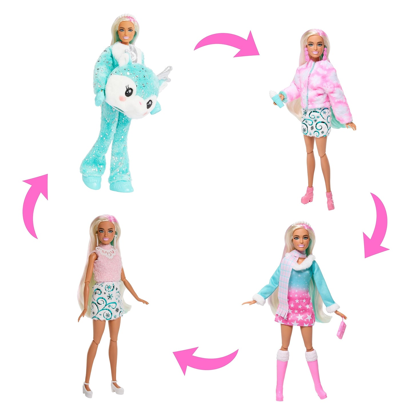 Barbie Cutie Reveal Calendar de Advent - 24 Surprize, Păpușă, Ren Strălucitor, Îmbrăcăminte de Iarnă, Accesorii, Mini Animaluțe, pentru Copii de la 3 Ani, HJX76