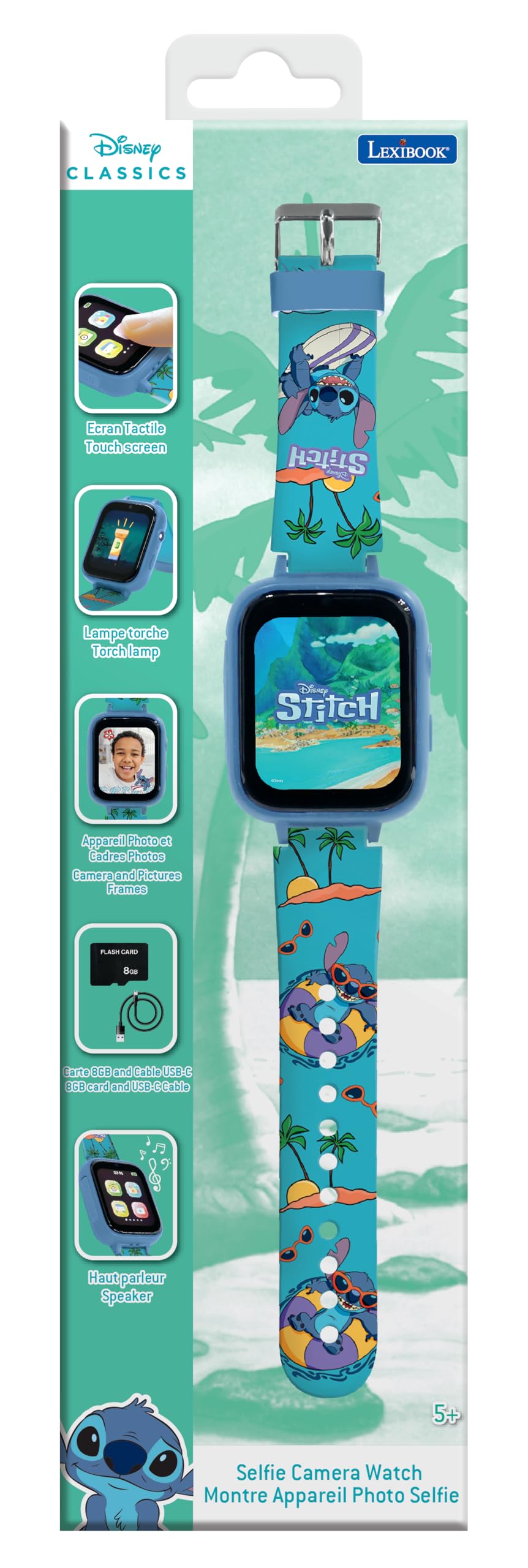 Ceas cu cameră selfie Disney Stitch Lexibook DMW070D, touchscreen HD, cameră 720p, player MP3, difuzor integrat, dictafon, pedometru, 5 jocuri, albastru.