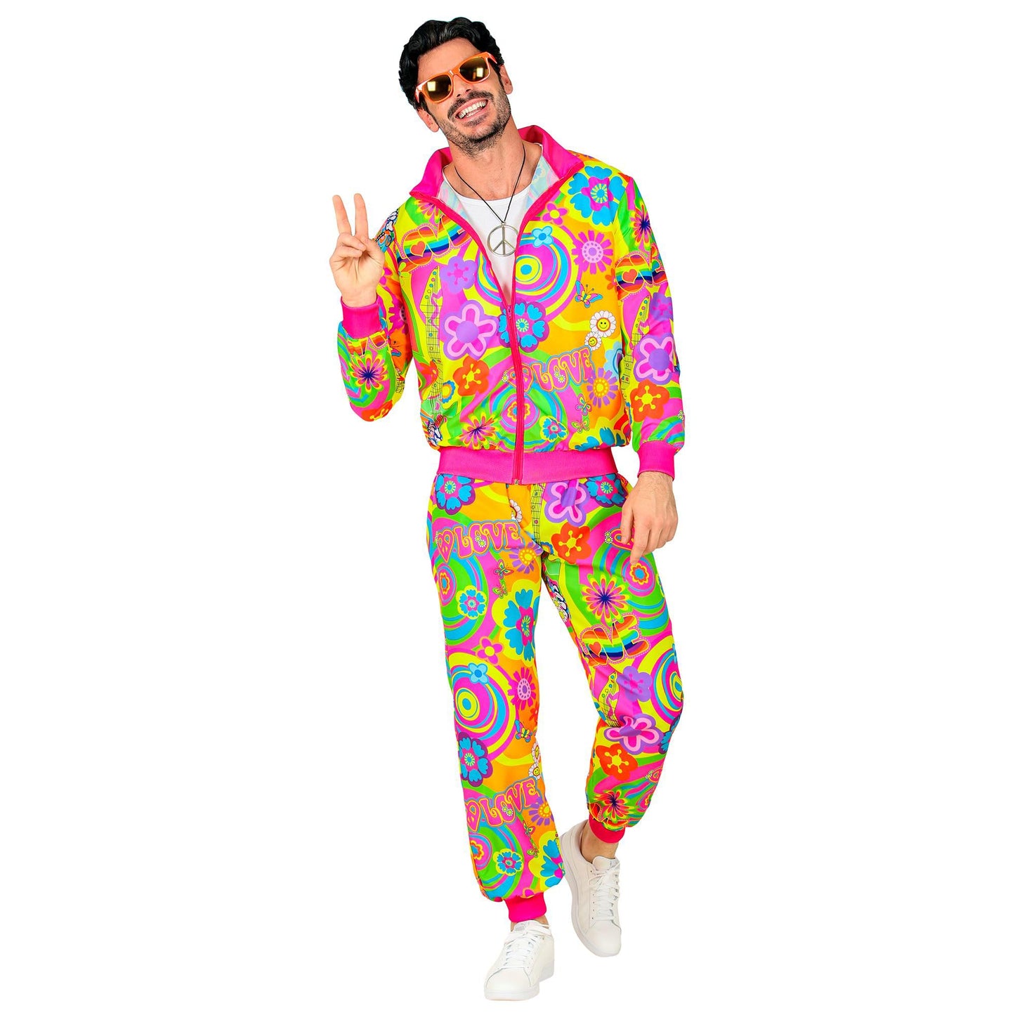 W WIDMANN MILANO Fashion de Petrecere - Costum Trainingsanzug, Hippie Peace & Love, Neon, Flower Power, Outfit din Anii '80, Jogginganzug, Costum de Carnaval