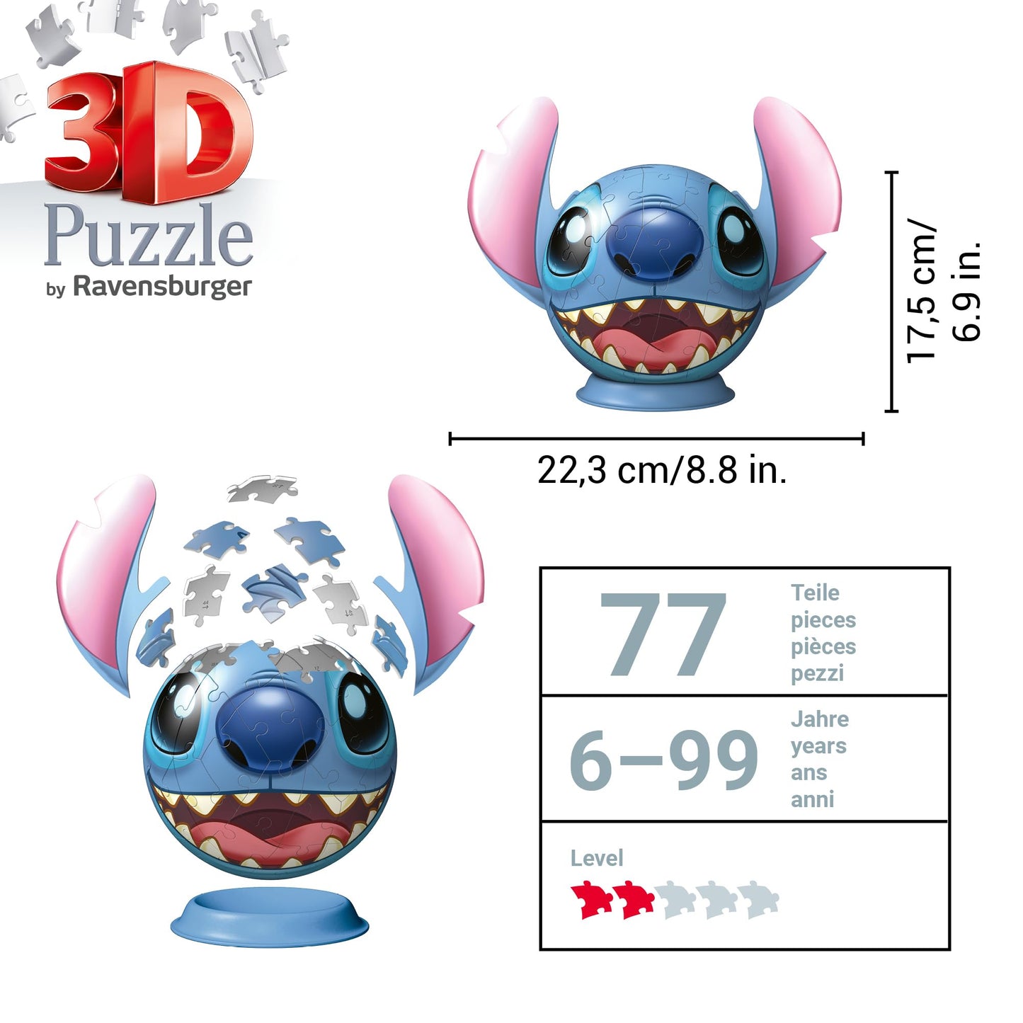 Puzzle 3D Ravensburger 11574 - Puzzle-Ball Stitch cu urechi - pentru fanii Stitch și Disney de la 6 ani, cadouri Stitch, puzzle Stitch