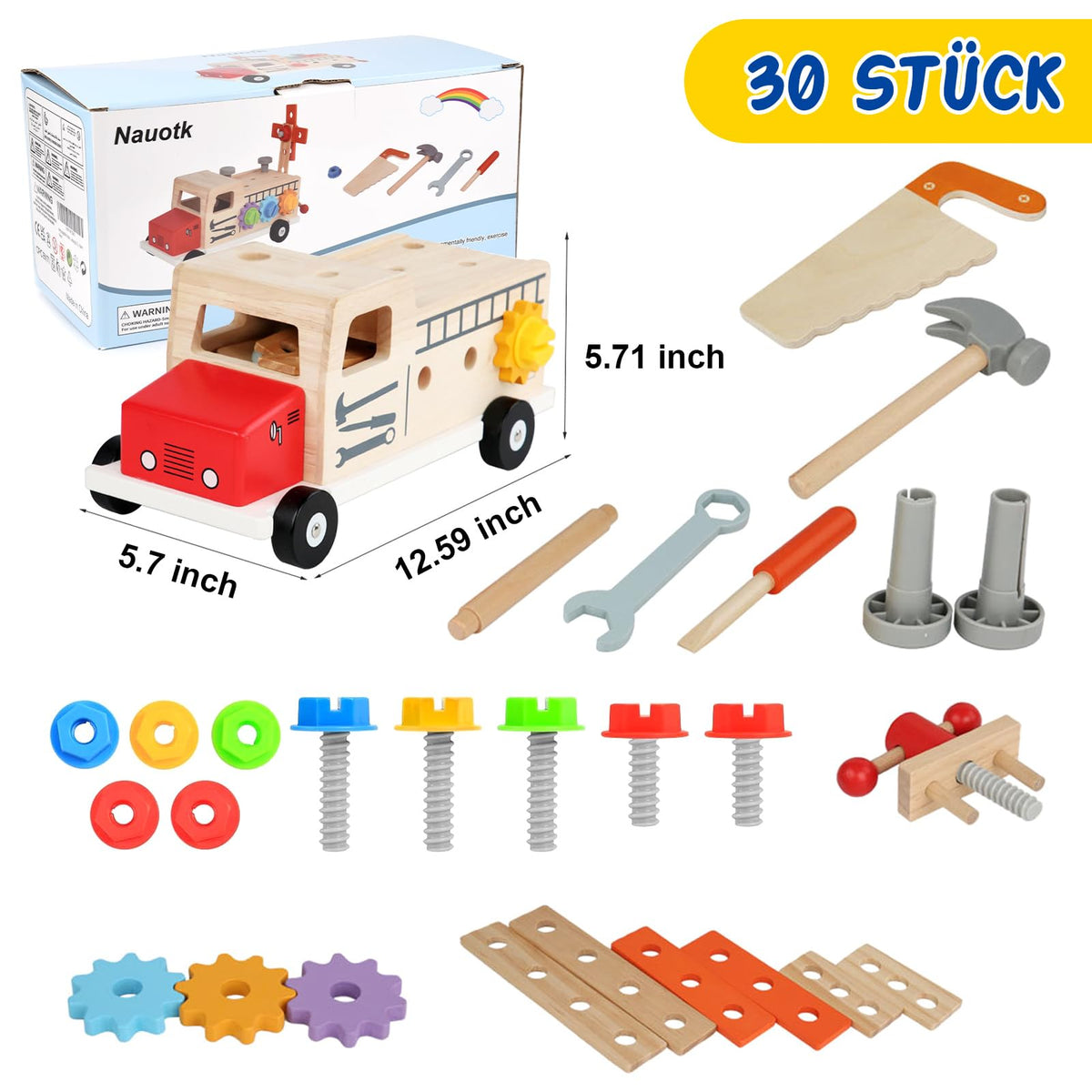 Nauotk CK-142 Set de joacă cu unelte din lemn Montessori 30 piese pentru copii 2 3 4 ani