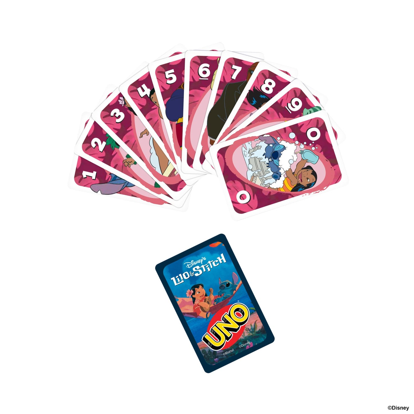 Joc de cărți Mattel Games UNO Disney Lilo și Stitch pentru copii, adulți și familii, bazat pe film, cu reguli incluse, JCC10