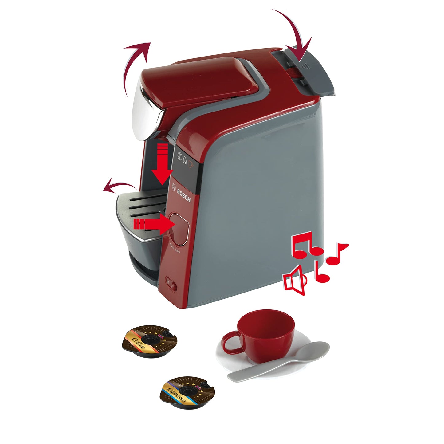 Theo Klein 9543 Bosch Tassimo Cafetieră | Cu posibilitate de umplere cu apă și circuit de apă cu sunet | Inclus set de espresso | Dimensiuni: 20 cm x 16 cm x 20 cm | Jucărie pentru copii de la 3 ani