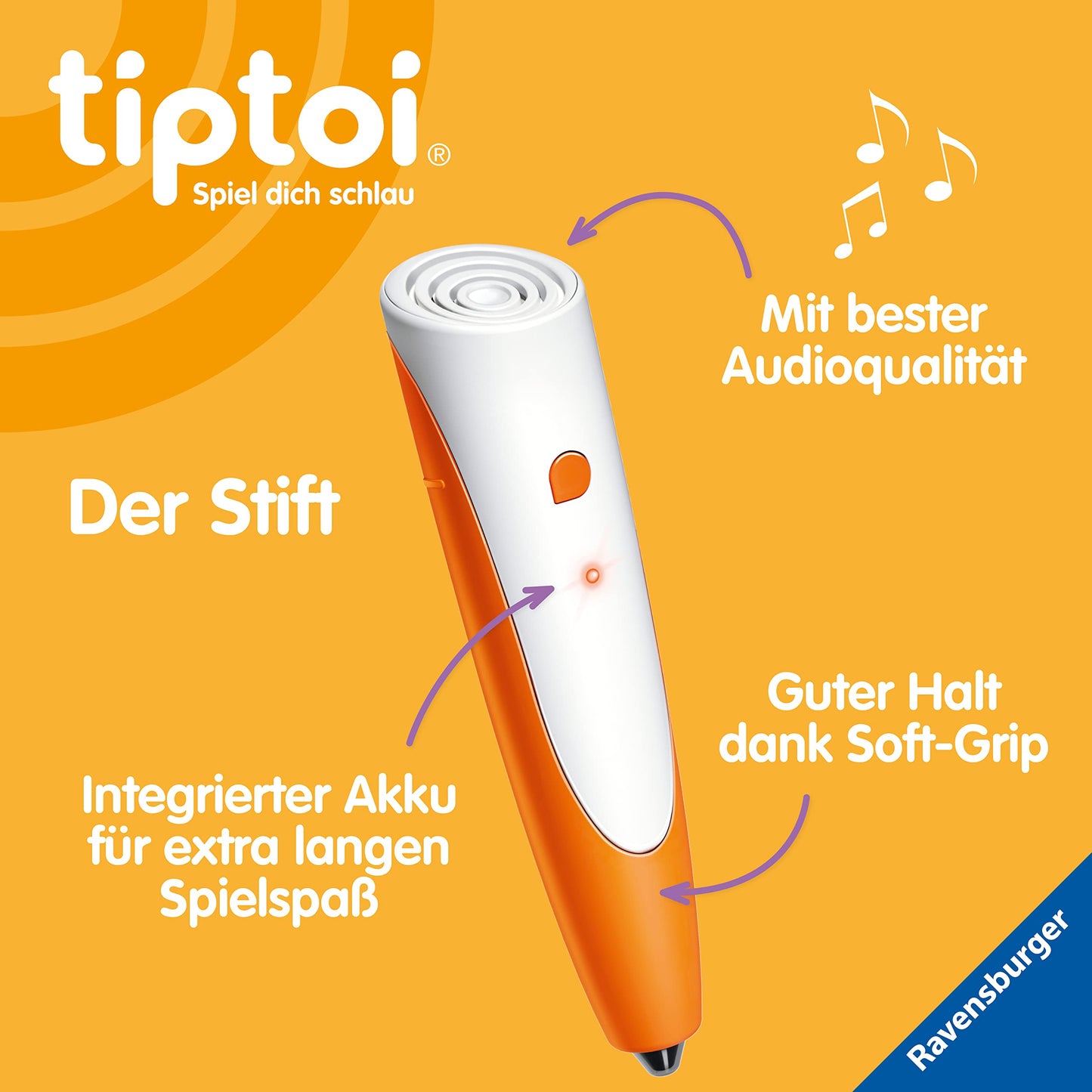 Ravensburger tiptoi Stilou și carte cu imagini pentru grădiniță - Jucărie educativă pentru copii de la 3 ani - Stilou cu audio de calitate superioară, acumulator și husă cu prindere moale - Verde, Portocaliu, Argintiu - 00113