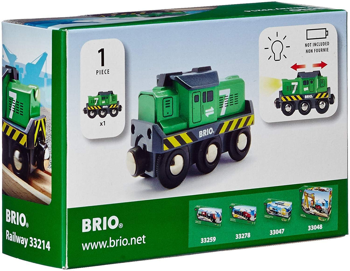 BRIO World 33214 Locomotivă de marfă cu baterie - Locomotivă verde cu faruri frontale - Recomandată de la 3 ani