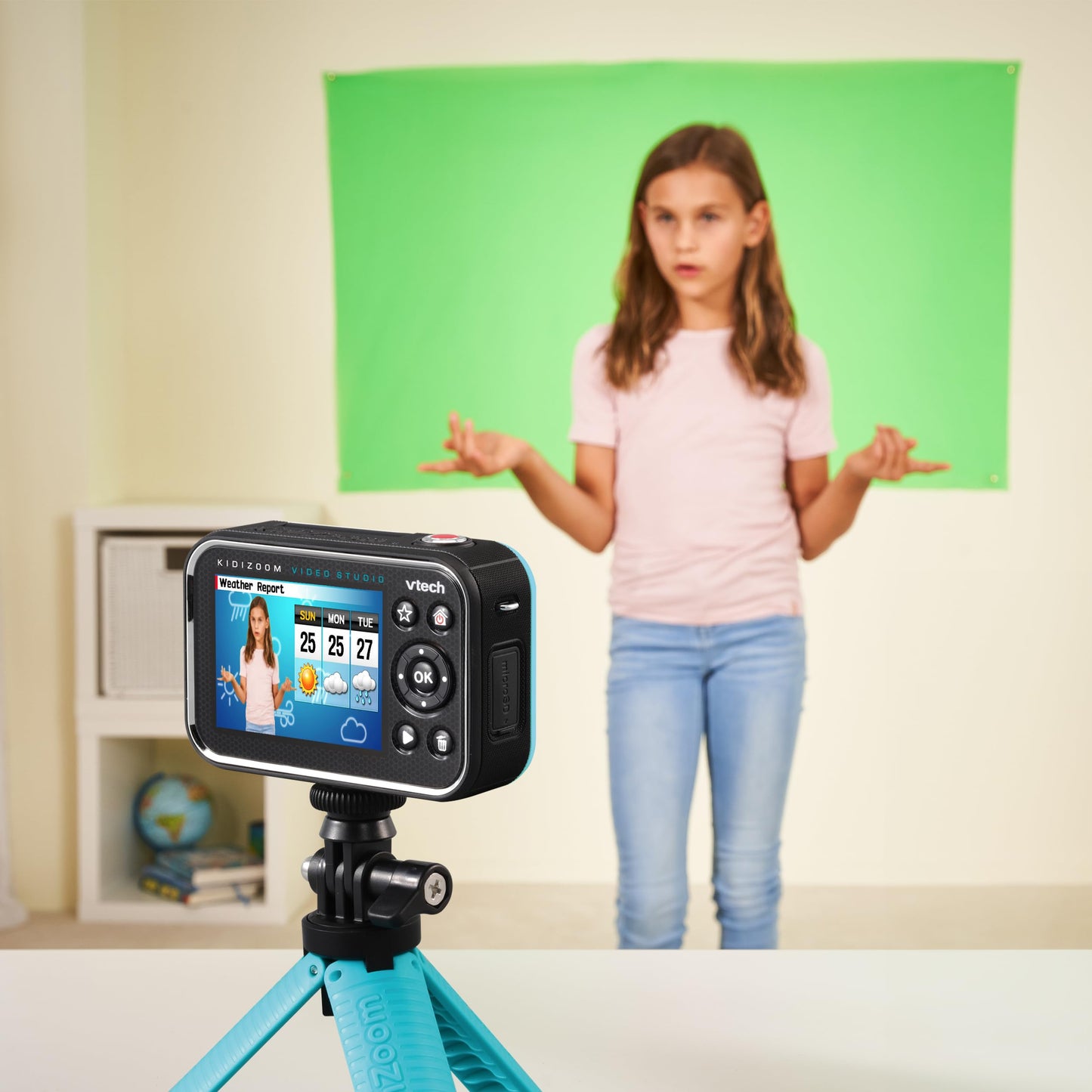 VTech Kidizoom Video Studio HD albastru – Cameră pentru copii cu Greenscreen, stativ, efecte, cameră pentru selfie și multe altele – Pentru copii de 5-12 ani