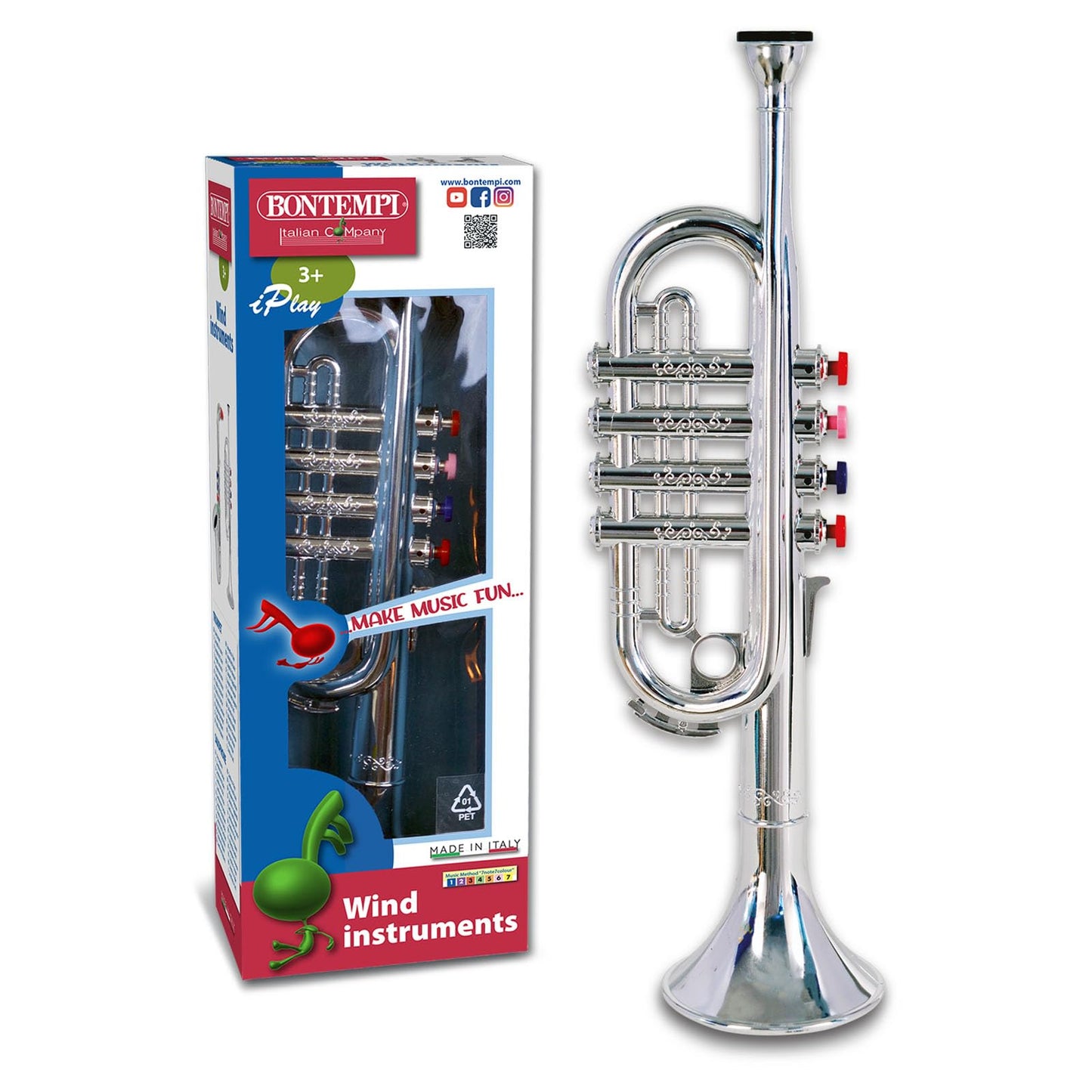 Trompetă jucarie Bontempi 32 3831 cu 4 valve colorate/partituri, Multicolor