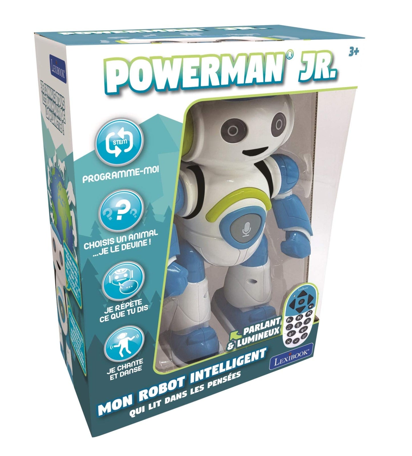 Robot inteligent Lexibook ROB20FR Jr. - citește gânduri, dansează, cântă, quizuri cu animale, karaoke programabil, STEM, albastru/verde (versiune franceză)