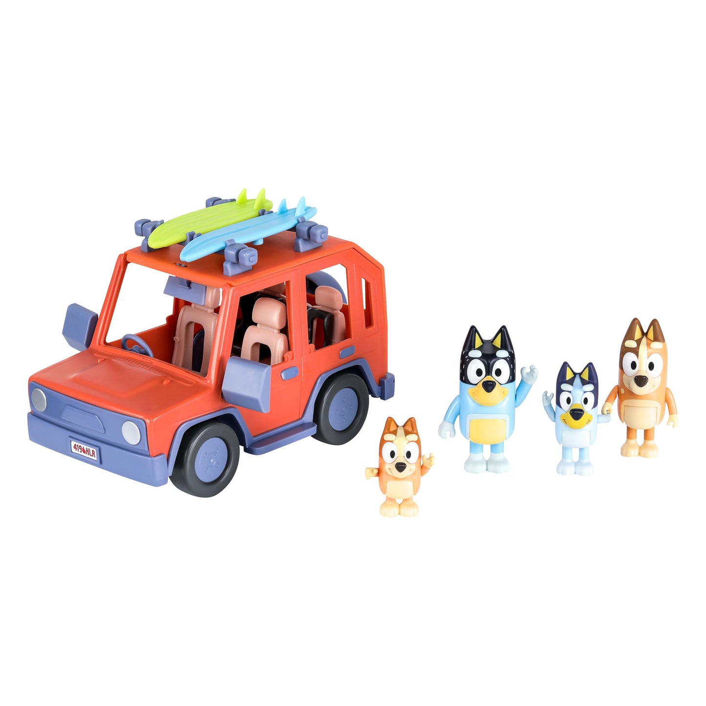 BlueY Heeler - Mașină de familie cu tracțiune integrală și set de 4 figurine, figurine de 6-8 cm, 2 plăci de surf și autocolante ca accesorii, exclusiv pe Amazon.