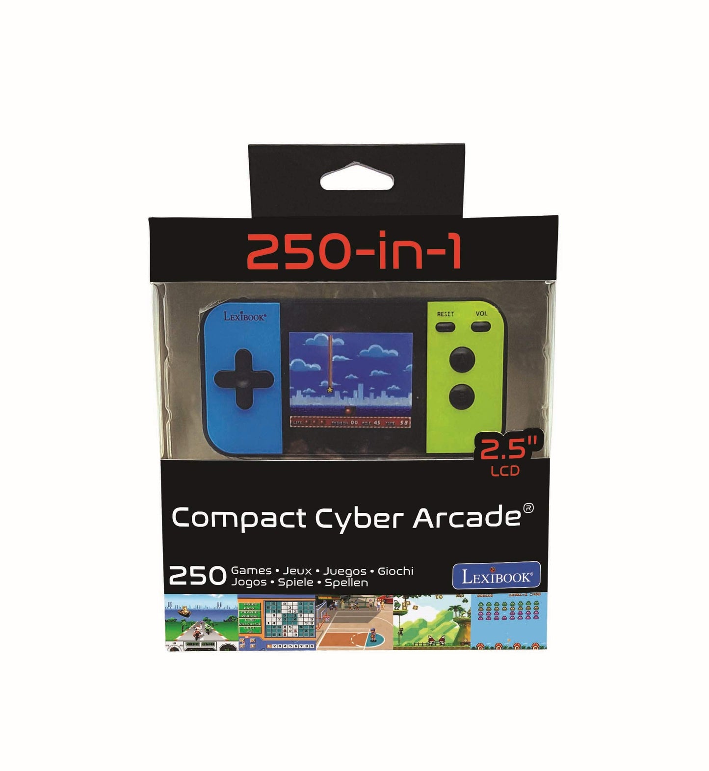 Lexibook Compact Cyber Arcade - Consolă de jocuri portabilă cu 250 jocuri, LCD, alimentată cu baterii, pentru copii, negru/albastru/verde, JL2377