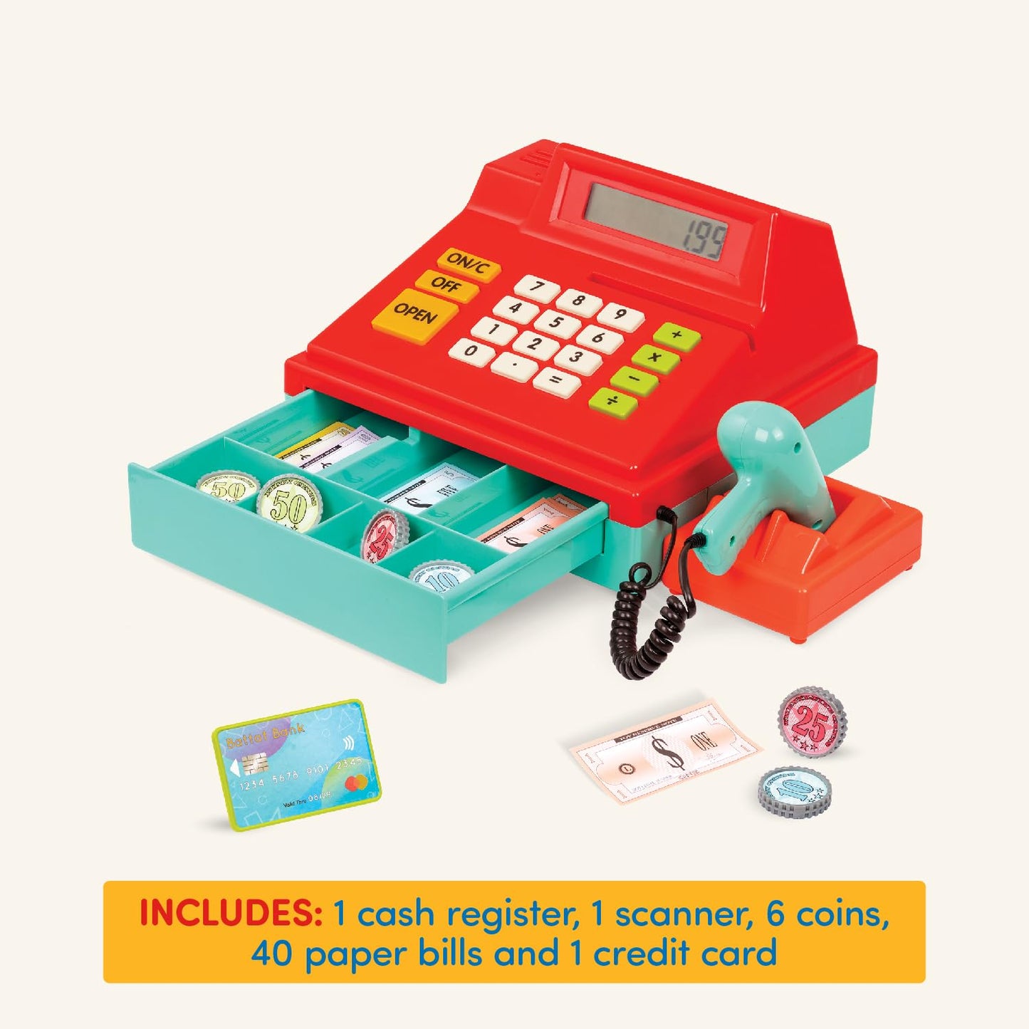 Casă de marcat pentru copii Battat cu scanner și sunet, jucărie de tip casă de marcat, casă de marcat electronică pentru supermarket cu calculator – cu accesorii pentru magazin, bani, card de credit, recomandată de la 3 ani (49 piese)