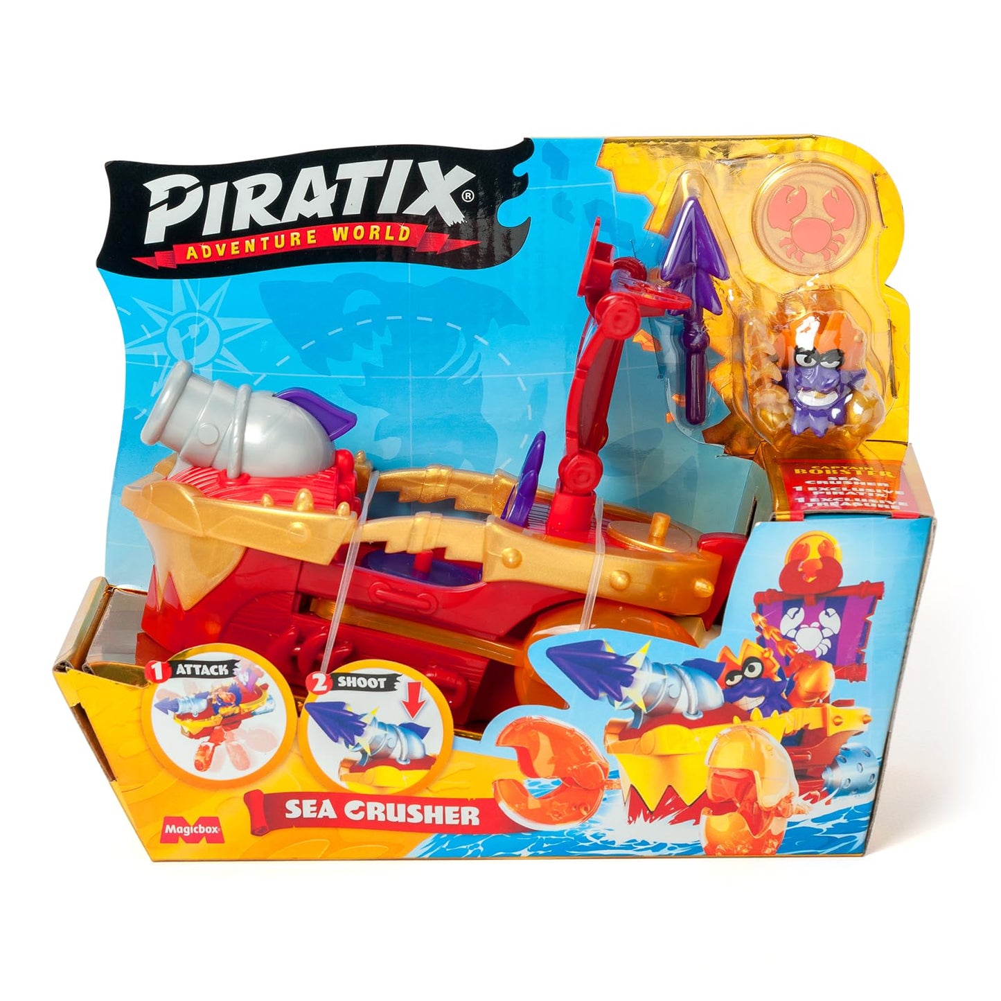 LUMEA AVENTURILOR PIRATIX - Distrugătorul Mării – Barcă Pirat în Formă de Crab. Include 1 Barcă Pirat, 1 Piratix Exclusiv, 1 Comoară Exclusivă, 1 Accesoriu, 1 Tun și 1 Proiectil.