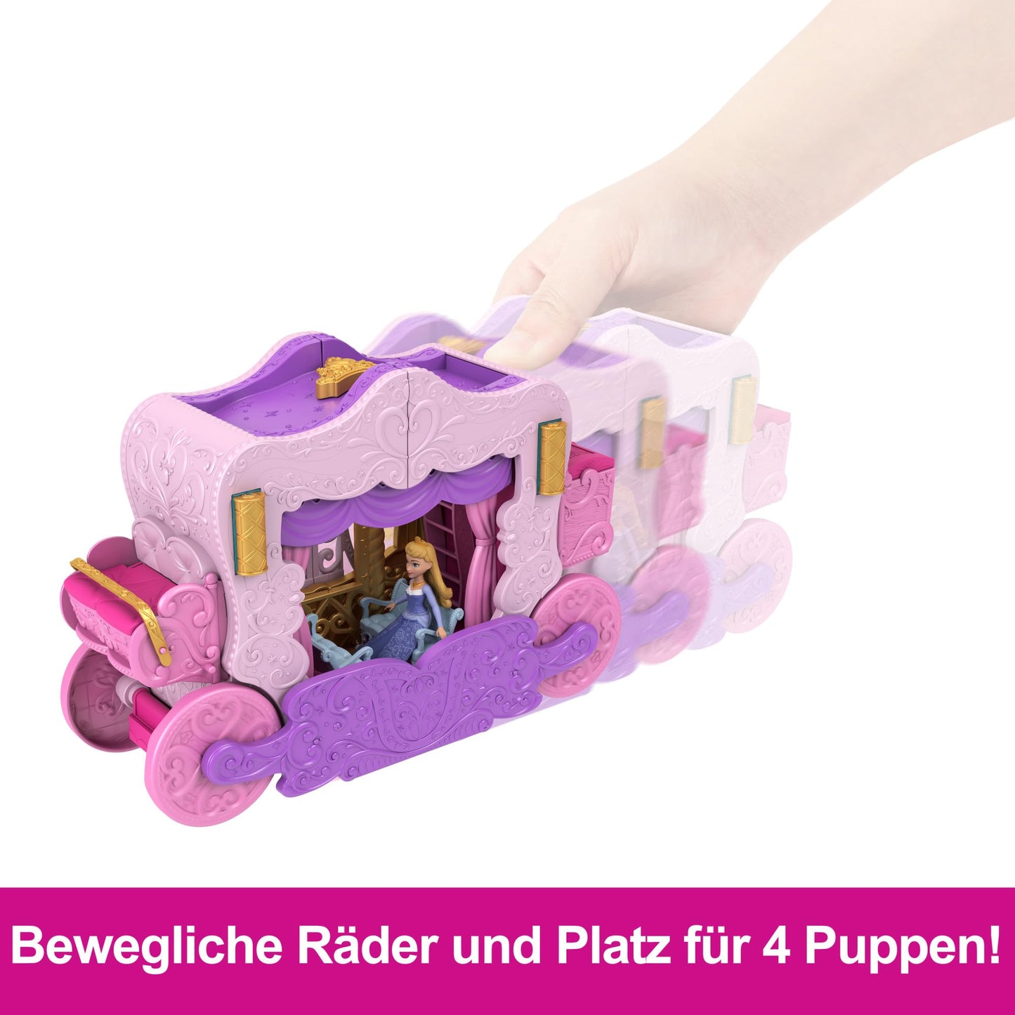 Set de joacă Mattel Disney Prințesă cu trăsură către castel, păpușă Aurora, 3 niveluri, 6 zone de joacă, 4 figurine, mobilier și accesorii HWX17