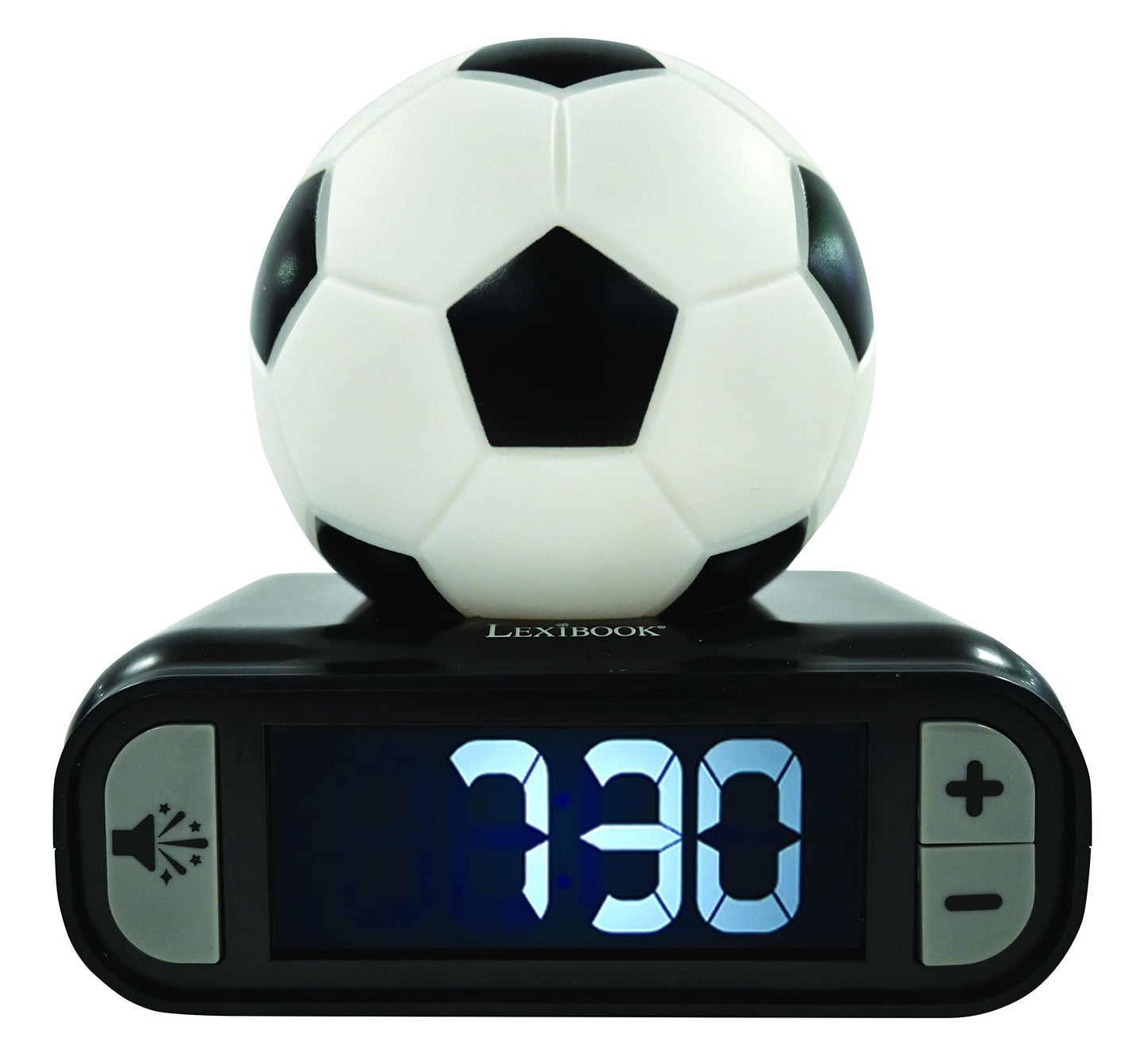 Ceas deșteptător Lexibook cu tematică fotbal, sunete și melodii, ecran LCD cu iluminare de fundal, afișaj luminos, funcție de snooze, negru/alb, model RL800FO