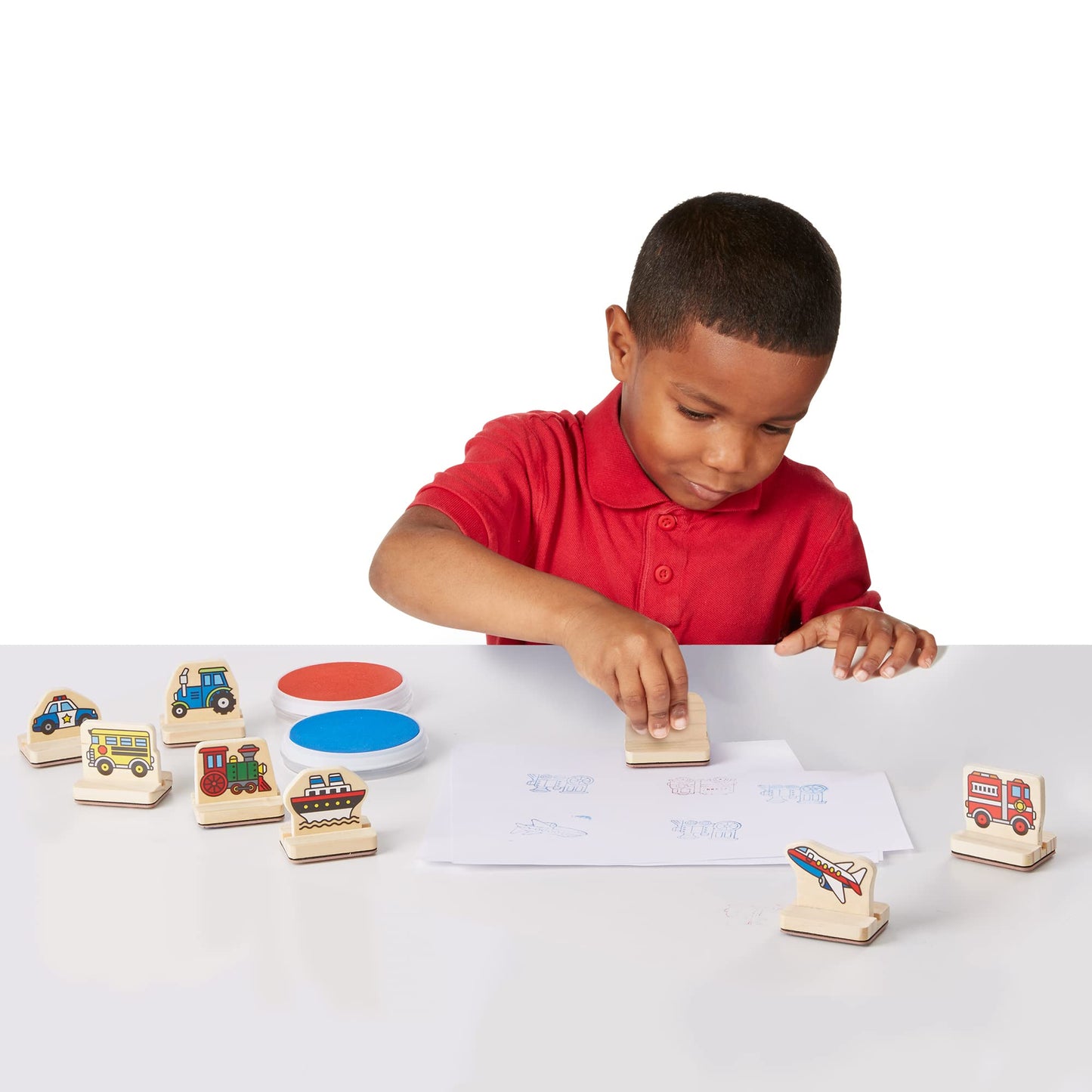 Set de Timbre din Lemn Melissa & Doug - Vehicule | Arte & Meșteșuguri | Seturi de Timbre & Șabloane | 4+ | Cadou pentru Băiat sau Fată