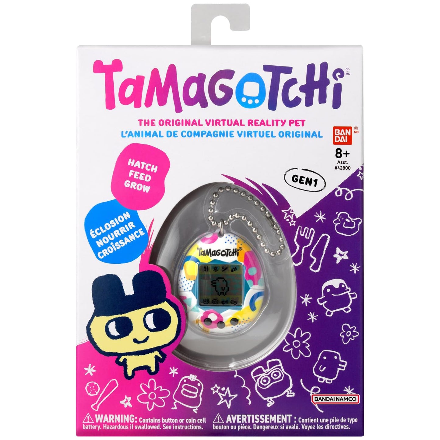 Bandai - Tamagotchi - Tamagotchi Original - Stil Memphis - Animal virtual electronic cu ecran color, 3 butoane și jocuri - Animal interactiv - Jucărie pentru copii de la 8 ani - 42957