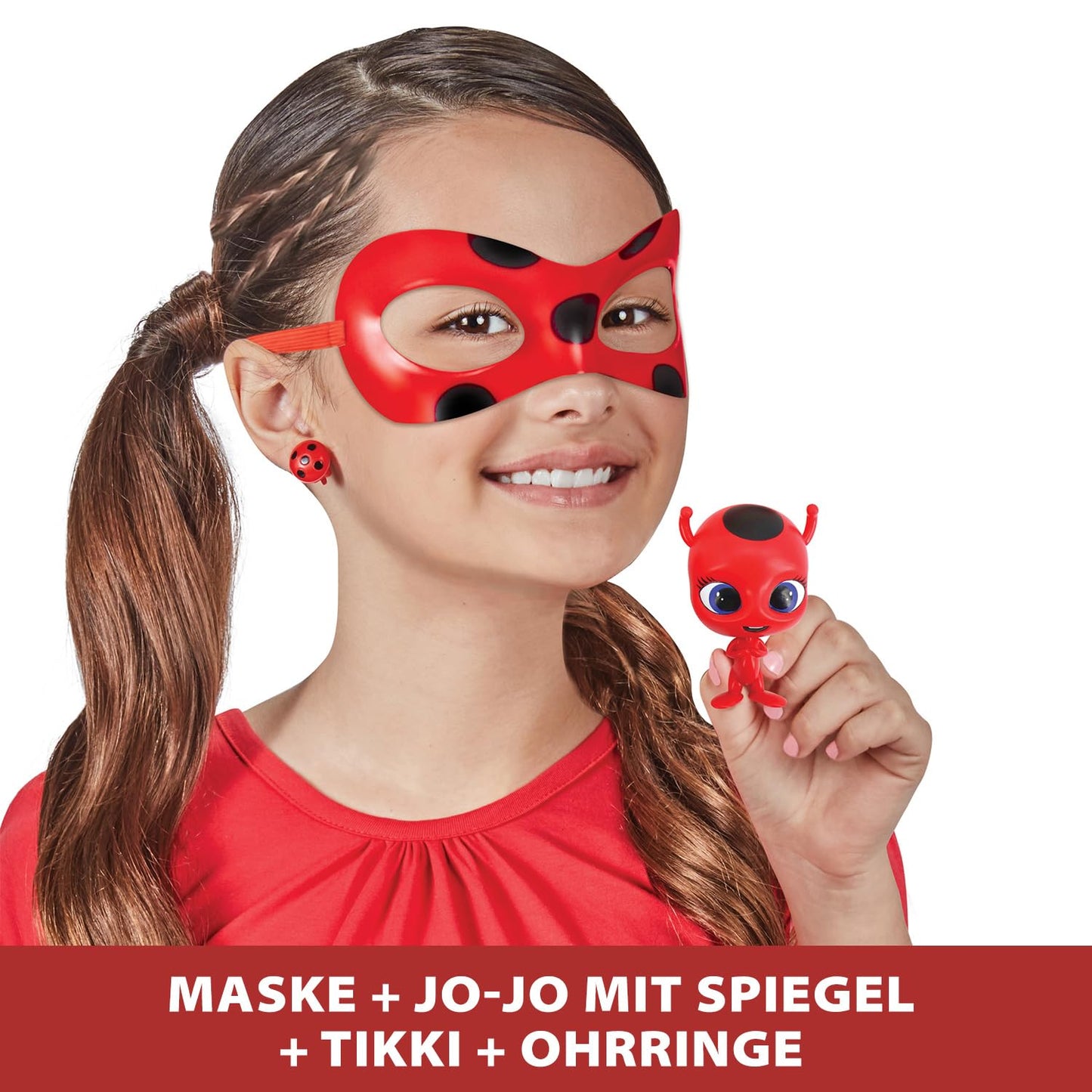 BANDAI - Miraculous Buburuza - Set de Transformare - Costum Ladybug - Cutie cu Masca JoJo, Cercei Tikki și Kwami - Costum și Accesorii Miraculous - Jucărie pentru Copii de la 4 Ani - P50601