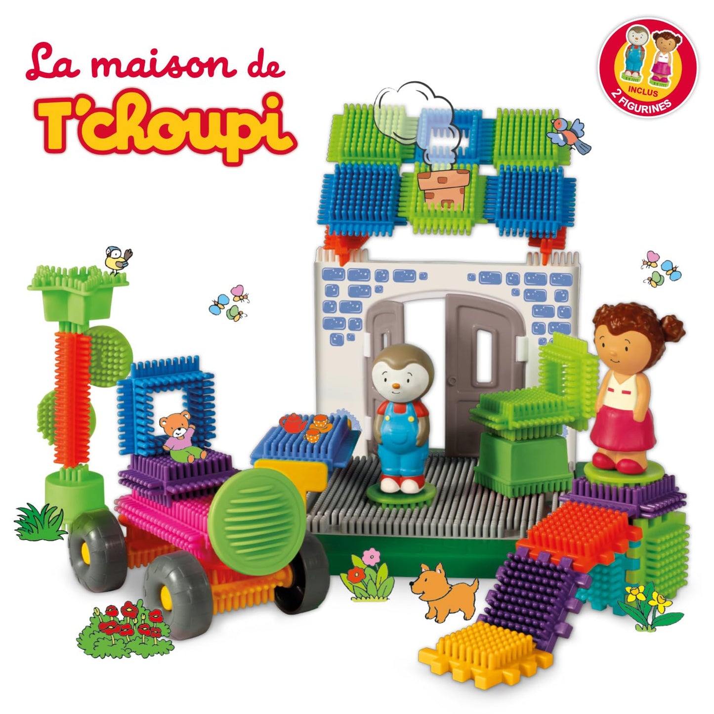 BLOKO | Casa lui T'choupi | 60 Piese de construcție și 2 Figurine 3D | Creativitate | Forme și construcții variate | Design Franța | Cadou pentru copii de la 1 an | 503741
