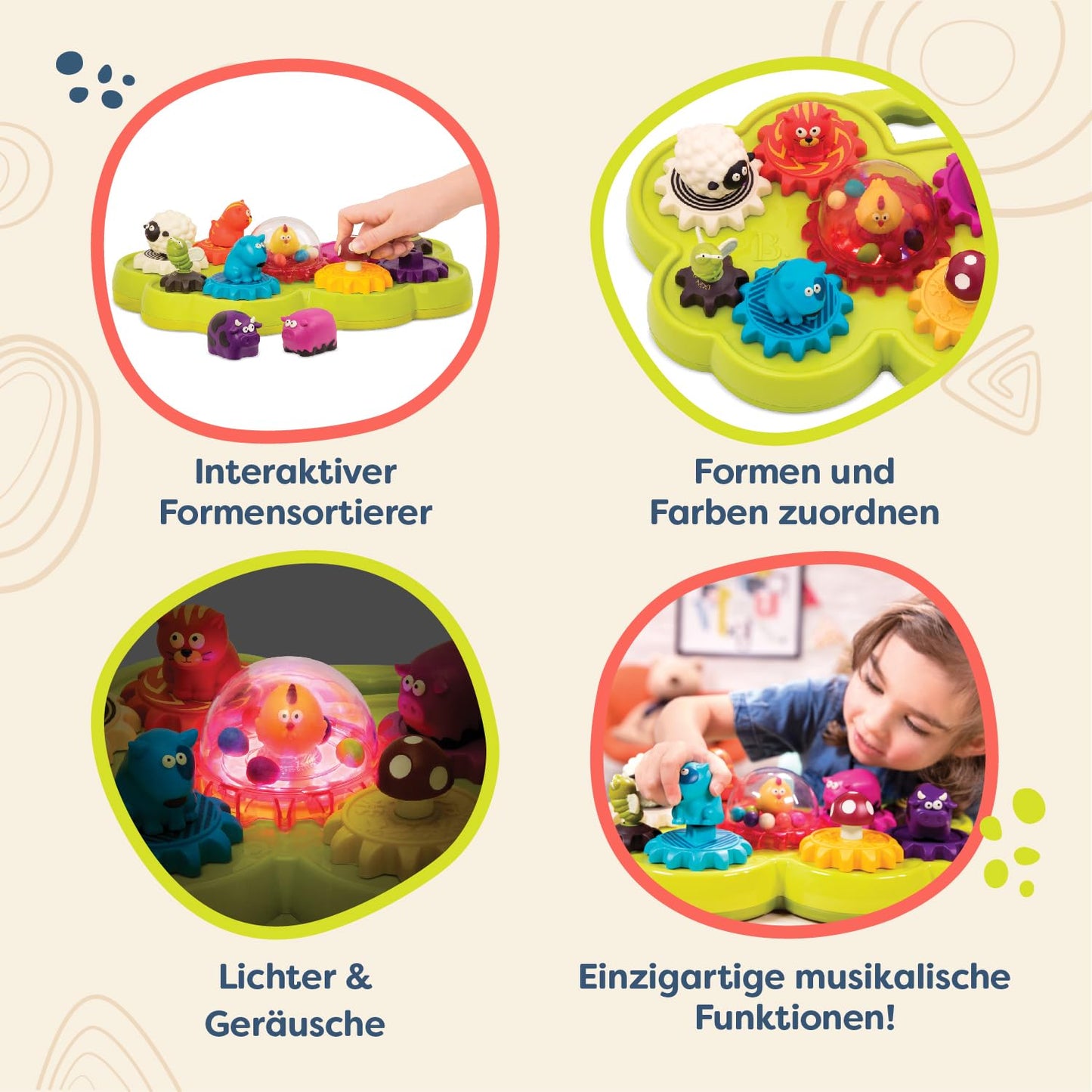 B. toys Joc de montaj cu roți dințate, animale de fermă, lumini și muzică – Jucărie pentru dezvoltarea motricității, jucărie educativă pentru copii și bebeluși de la 18 luni.