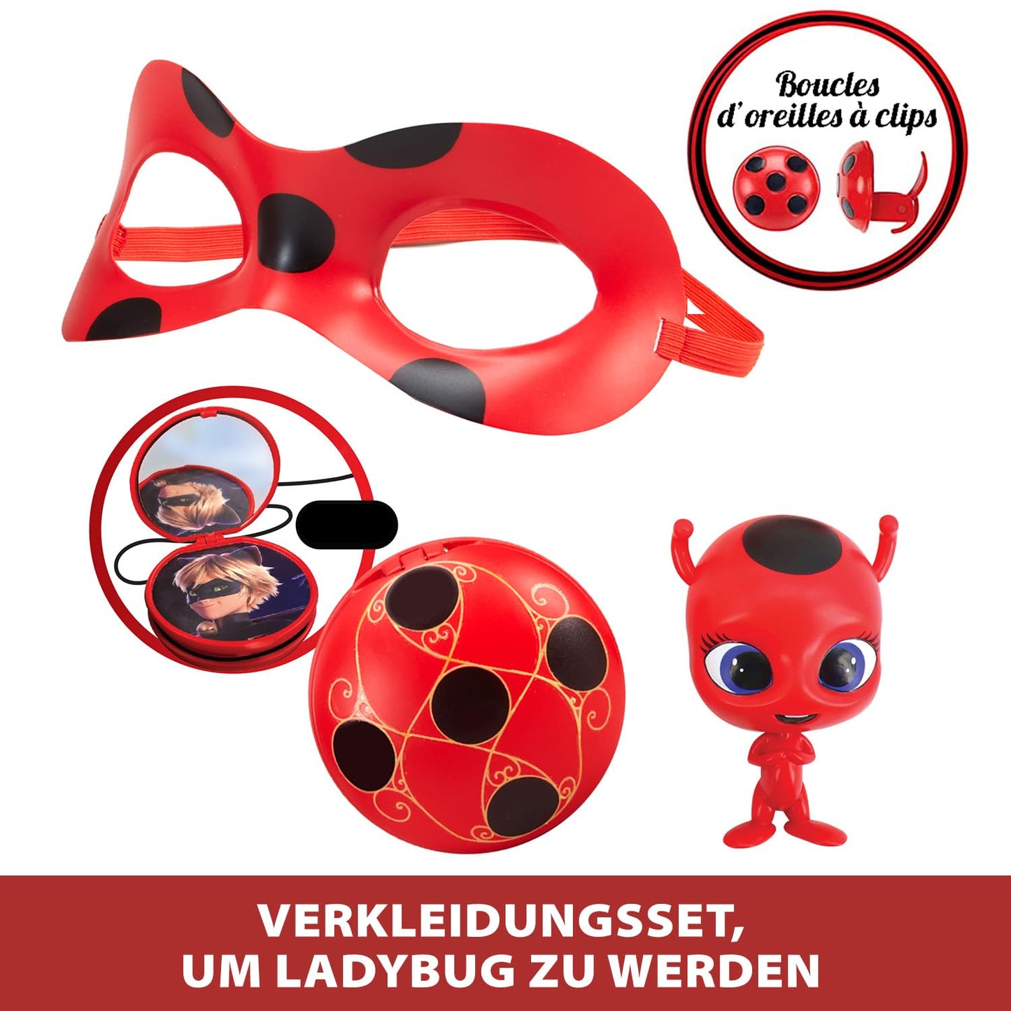 BANDAI - Miraculous Buburuza - Set de Transformare - Costum Ladybug - Cutie cu Masca JoJo, Cercei Tikki și Kwami - Costum și Accesorii Miraculous - Jucărie pentru Copii de la 4 Ani - P50601