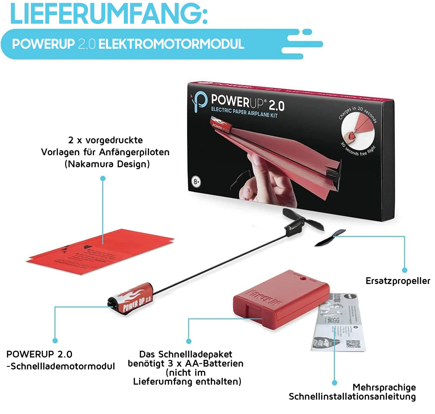 Set de construcție POWERUP 2.0 pentru avioane din hârtie | Motor electronic pentru avioane din hârtie DIY | Zboară mai departe și mai mult | Ideal pentru copii și adulți | Kit de motor de avion gata de utilizare