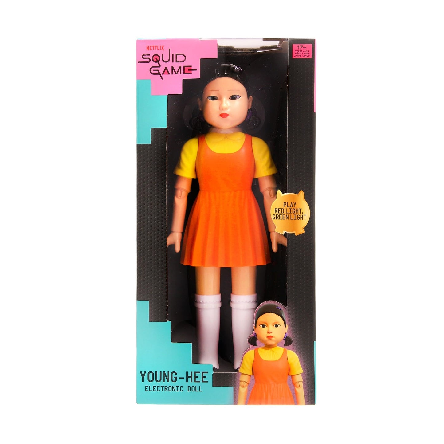 Puppet Young-Hee din Squid Game, seria Netflix, cu jocuri de lumină roșie și verde, păpușă electronică cu senzori de mișcare și ochi luminoși, joc pentru adulți de la 17 ani.