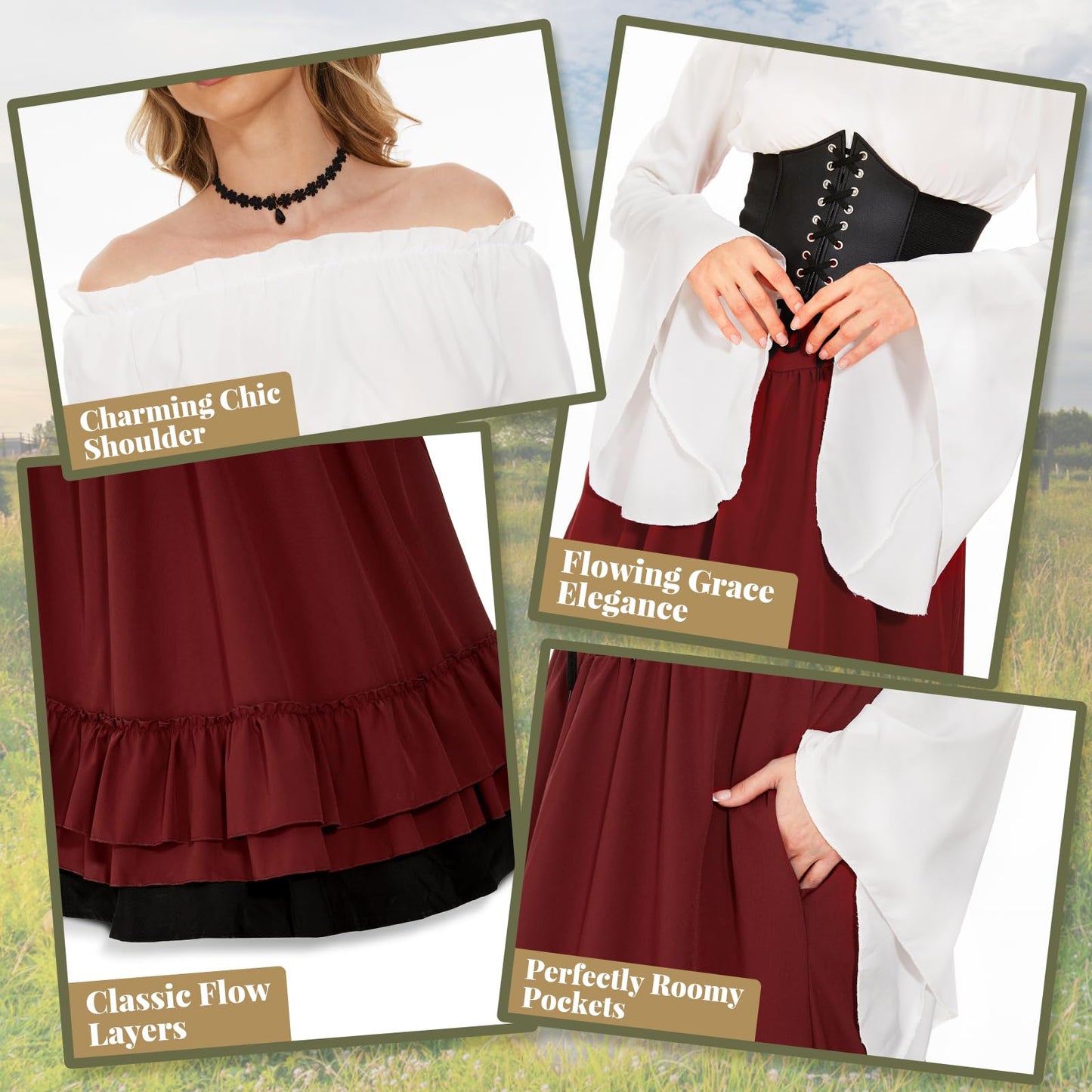 Costum medieval pentru femei FORMIZON, rochie victoriană din renaștere, accesorii medievale cu mâneci evazate și talie înaltă, rochie gotică retro Halloween (roșu și negru, M)