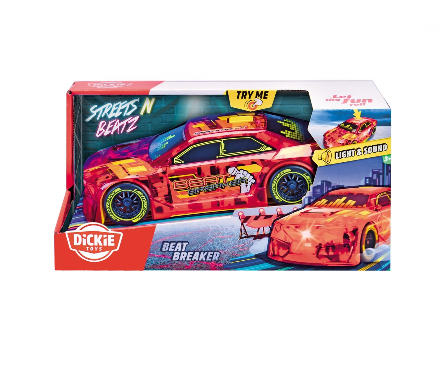 Dickie Toys - Mașinuță de jucărie Beat Breaker cu schimbare de lumină și muzică - Mașina Streets N BEATZ cu motor cu fricțiune, 20 cm, inclusiv baterii, jucărie pentru copii de la 3 ani.