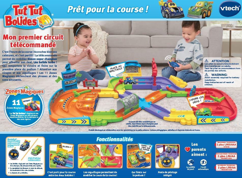 VTech - TUT TUT Bolides, Primul meu circuit de curse cu RC Auto Simon Super Champion și Auto Leo Bolide Turbo, 11 zone magice, Cadou pentru copii 1-5 ani