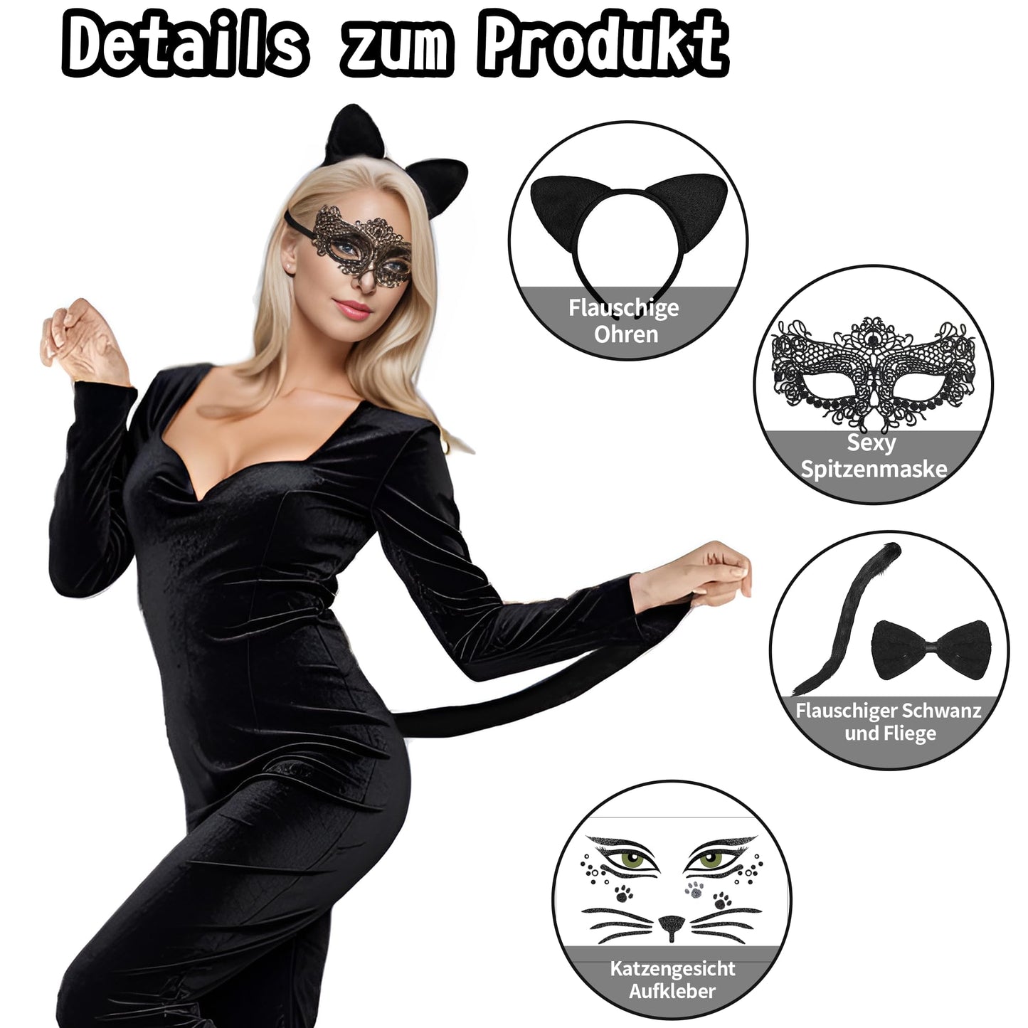 Accesorii set pisica pentru femei.Pregătită pentru carnaval. Set de costum de pisică încântător: arată-ți atracția strălucitoare de pisică.