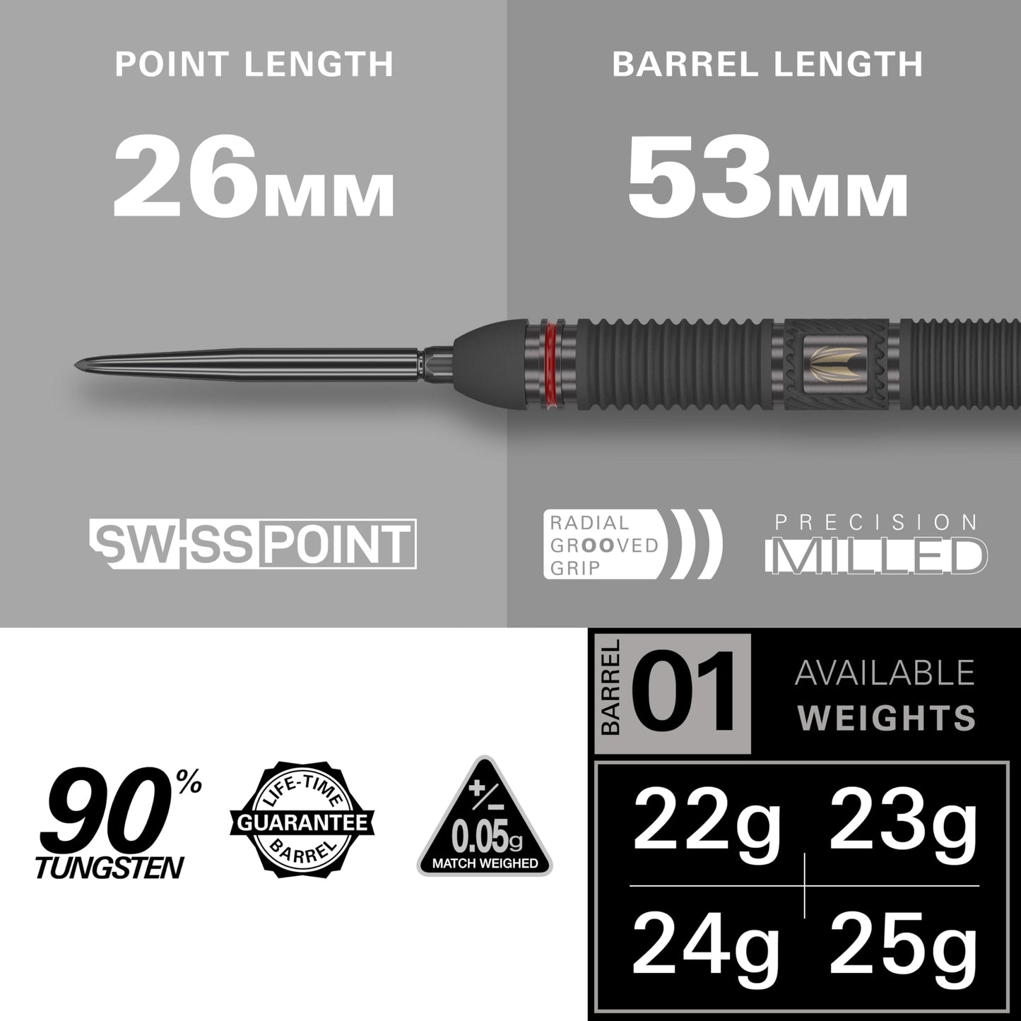 Set de Steeldarts Target Darts Scope Swiss Point, 90% Tungsten, 22G | Darts Profesionale Roșii și Negre, cu Swiss Points și Unelte