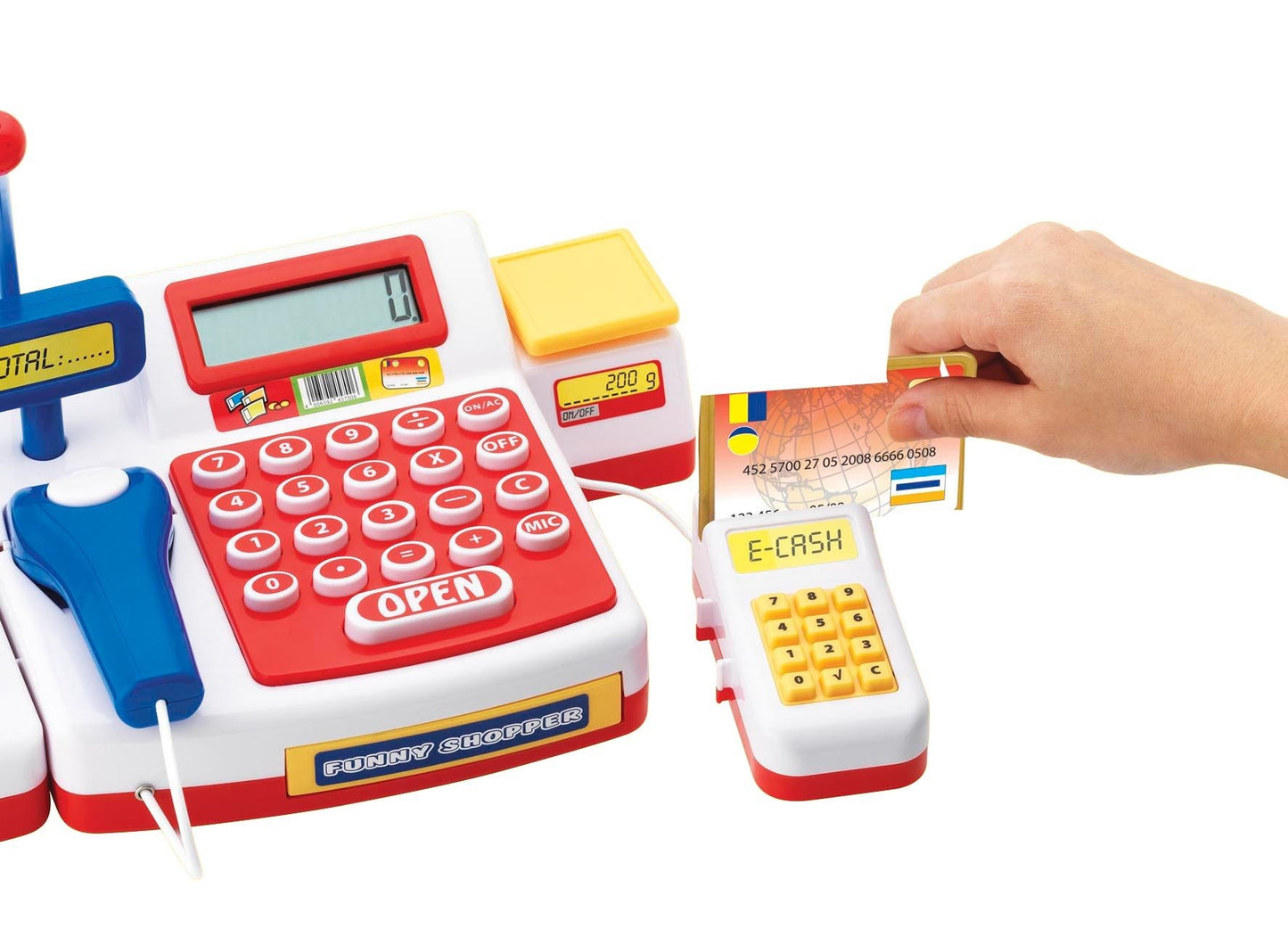 Simba 104525700 - Casă de marcat cu scanner, calculator, bandă de rulare, cititor de carduri, alimente, 16 monede, 13 bancnote, 36 luni - 8 ani