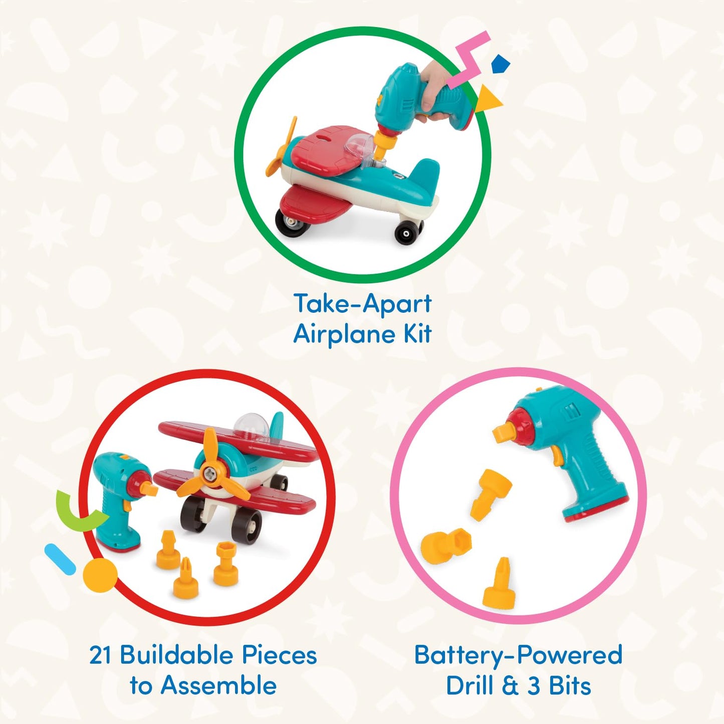 Battat – Set de construcție pentru copii de la 3 ani, Avion de asamblat cu șurubelniță electrică funcțională - Jucărie educativă pentru copii (25 piese)