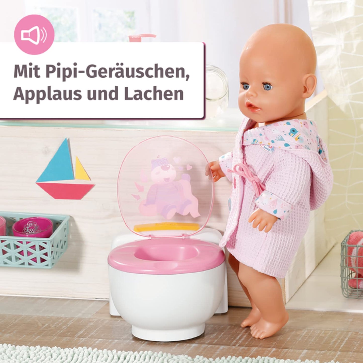 Toaletă BABY born pentru păpuși cu funcție sonoră și efect de spălare, 828373 Zapf Creation, Alb/Roz