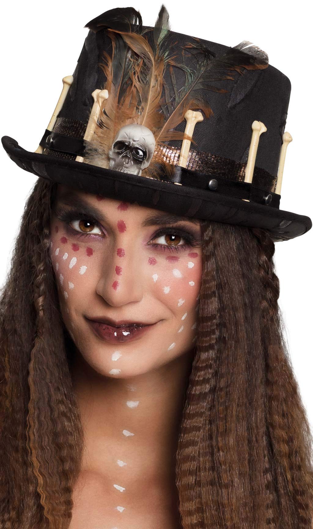 Boland 72181 - Hut Voodoo Nana, cilindru cu oase, pene și craniu, pălărie, vindecător minunat, costum, carnaval, petrecere tematică