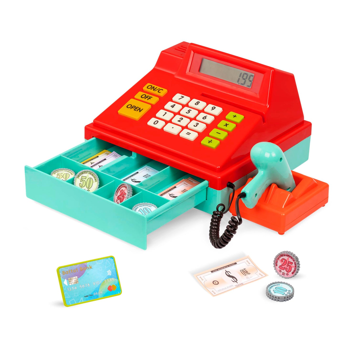 Casă de marcat pentru copii Battat cu scanner și sunet, jucărie de tip casă de marcat, casă de marcat electronică pentru supermarket cu calculator – cu accesorii pentru magazin, bani, card de credit, recomandată de la 3 ani (49 piese)