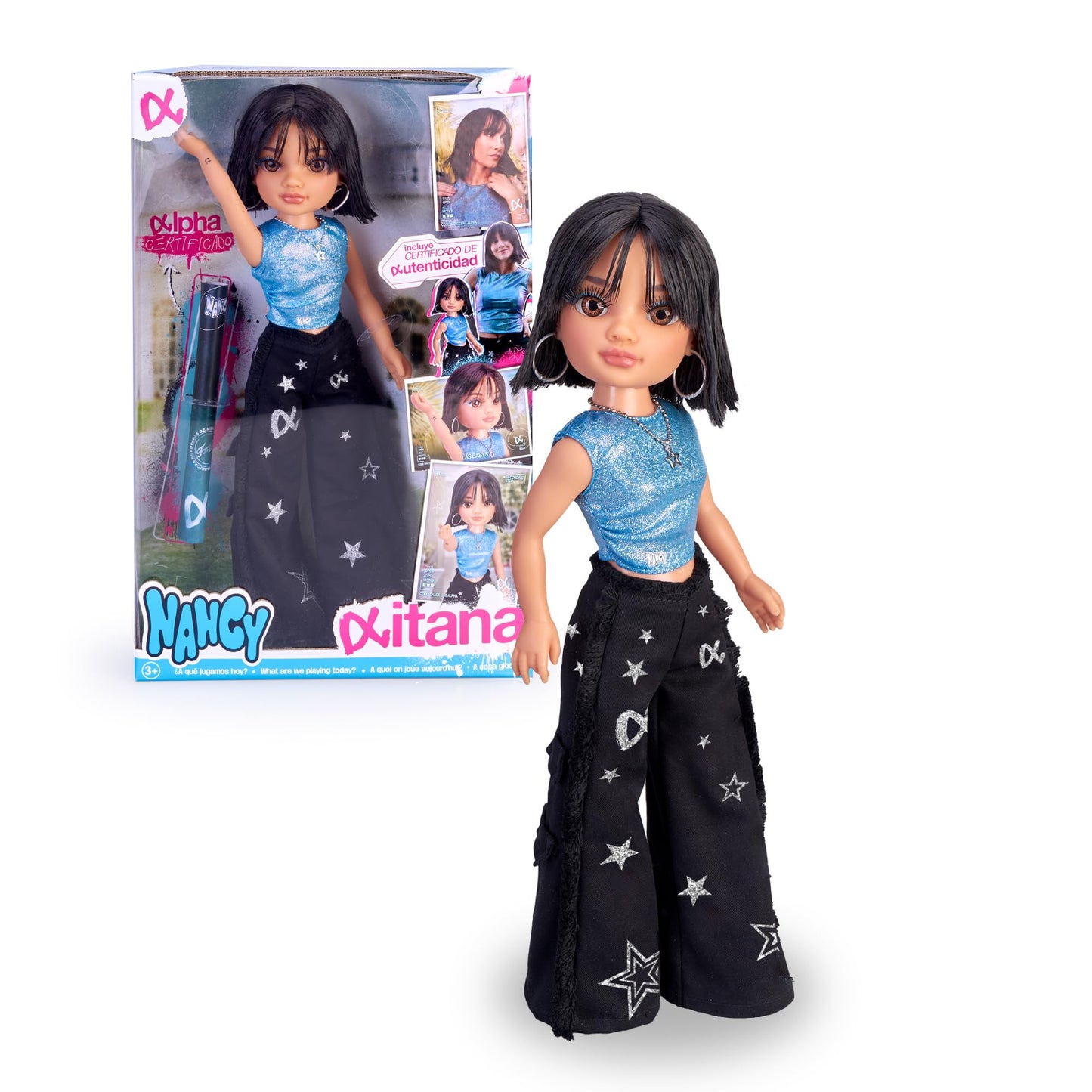 Nancy Aitana, păpușa ca artista, păr castaniu scurt cu breton, set Era Alpha de La Babys, cu accesorii și detalii autentice, pentru băieți și fete de la 3 ani, Famosa (NAC60000)