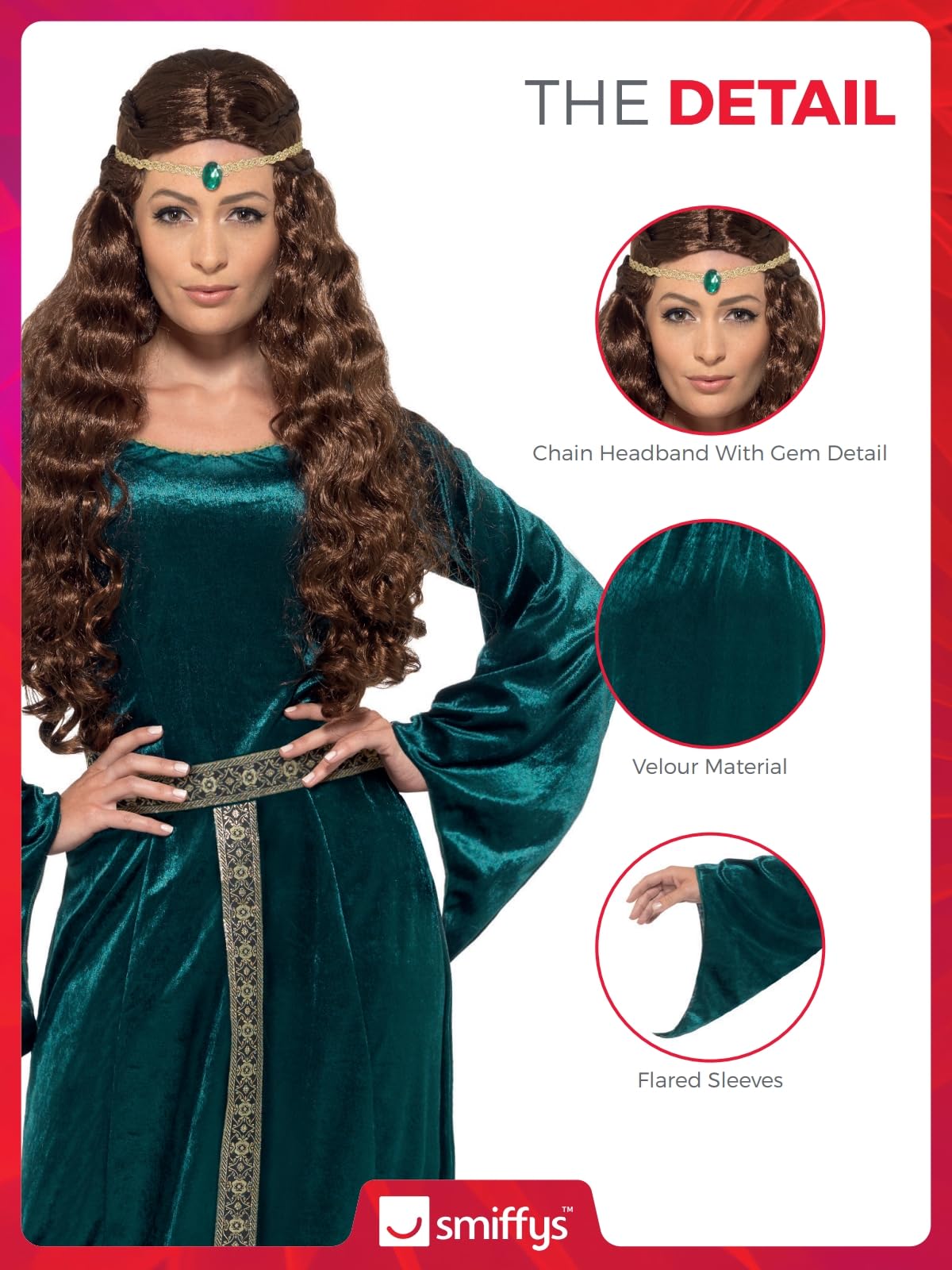 Costum de Domniță Medievală Smiffys, Verde, cu Rochie și Accesorii pentru Cap