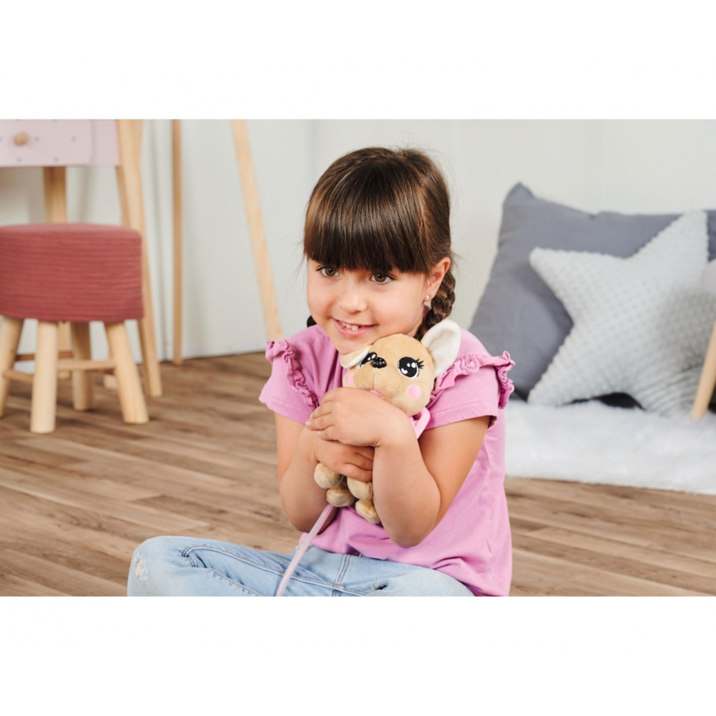 Simba 105893542 - ChiChi Love Loomy, cu control prin cablu luminos, poate să alerge, să latre și să agite coada, 20cm, pentru copii de la 3 ani, roz.