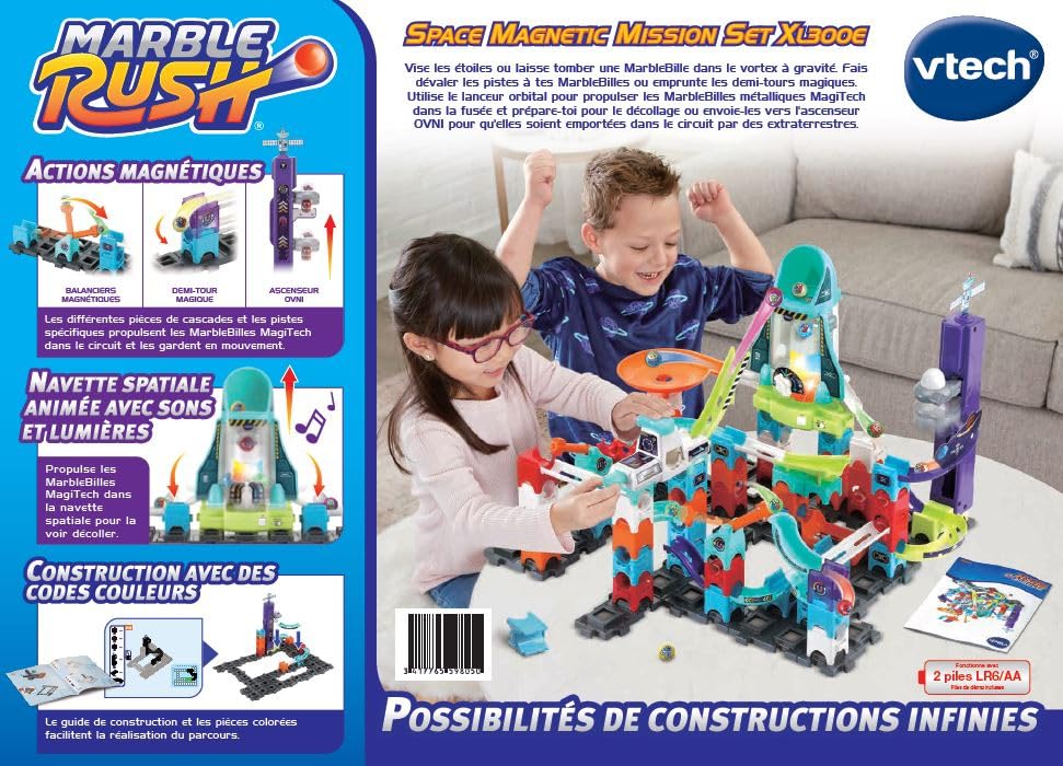 VTech - Marble Rush, Pista cu bile electronice, Set misiune magnetică spațială XL300E, joc magnetic, 120 piese, 10 bile, cadou pentru copii de la 4 ani – conținut în limba franceză