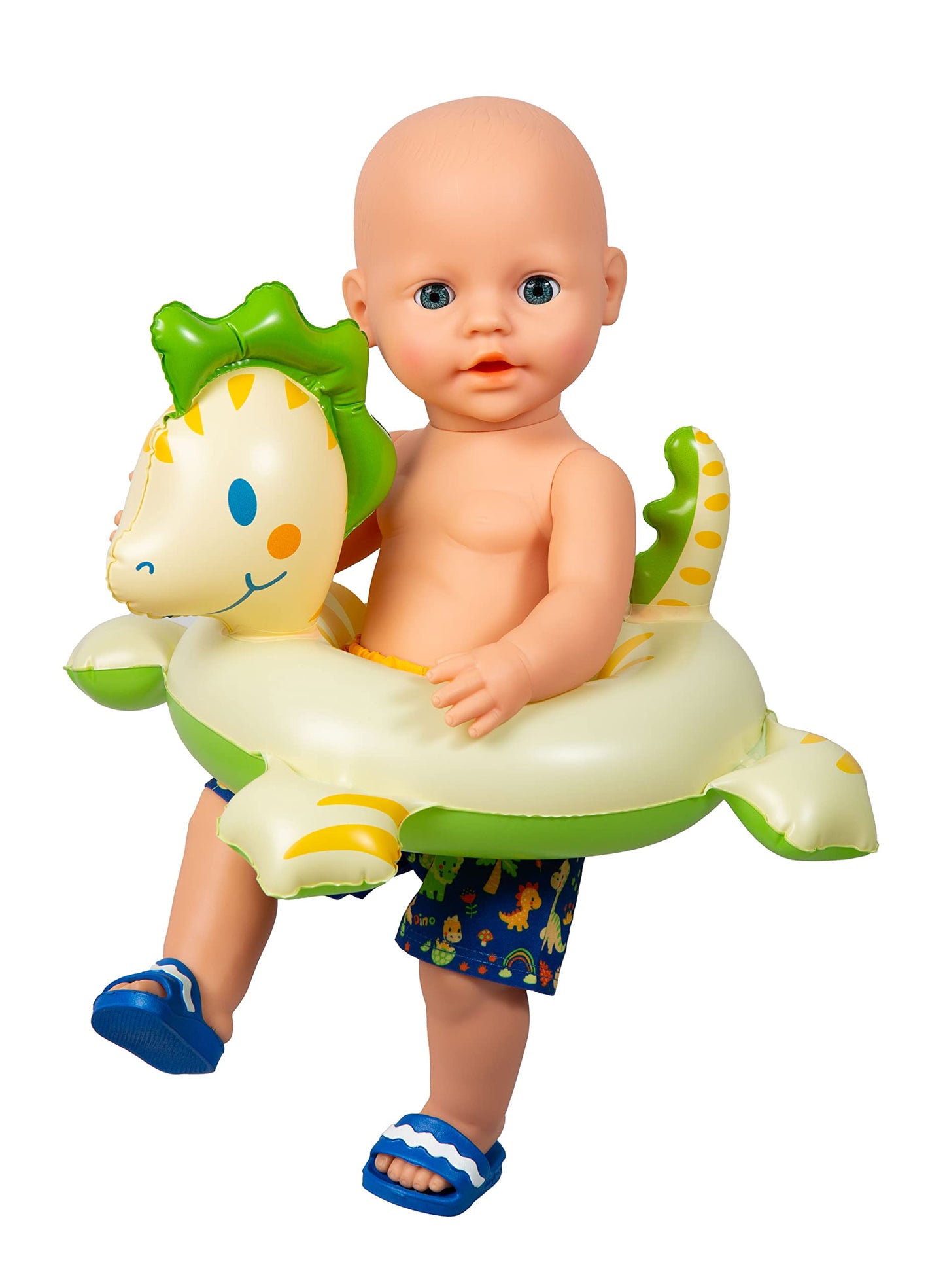 Set de înot Heless 22 pentru păpuși în design cu dinozauri, 3 piese: costum de baie, papuci și colac, pentru păpuși de 35-45 cm, distracție la baie în zilele călduroase de vară.
