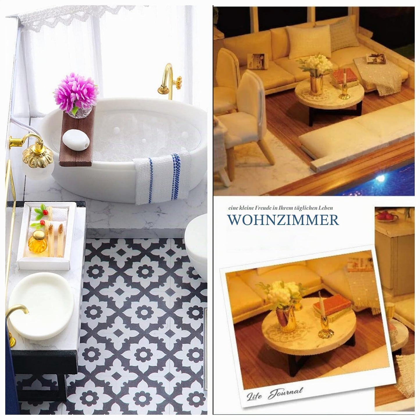 CUTEROOM A066 Set de construcție casă de păpuși din lemn miniatură Time Apartment cu piscină