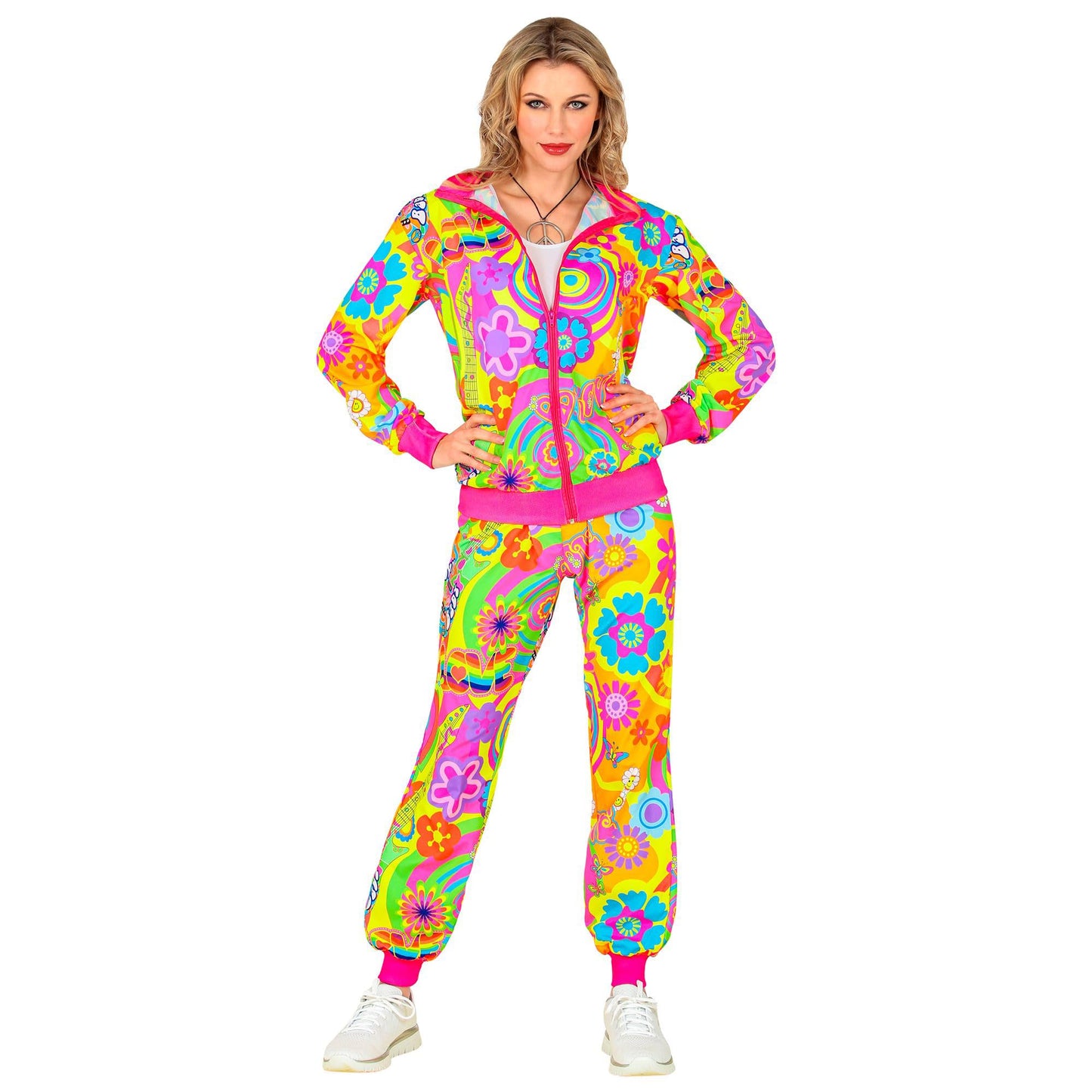 W WIDMANN MILANO Fashion de Petrecere - Costum Trainingsanzug, Hippie Peace & Love, Neon, Flower Power, Outfit din Anii '80, Jogginganzug, Costum de Carnaval