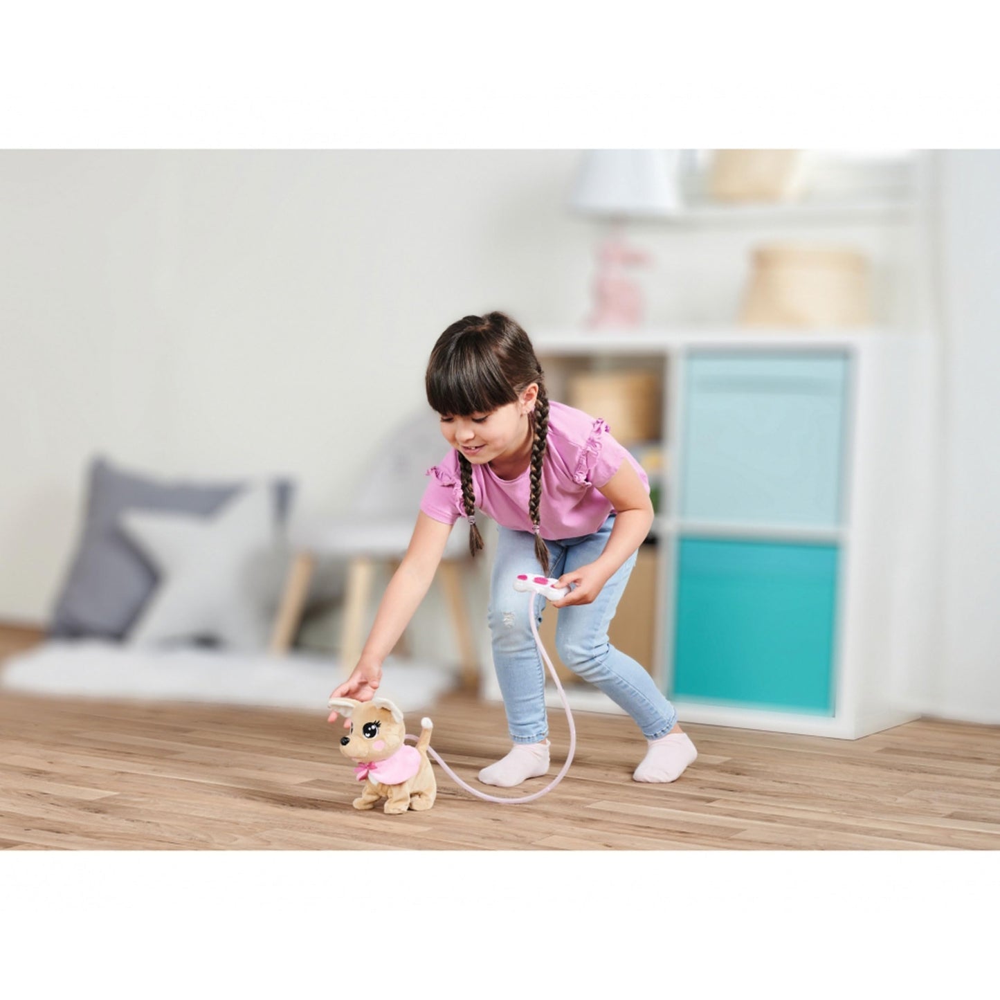 Simba 105893542 - ChiChi Love Loomy, cu control prin cablu luminos, poate să alerge, să latre și să agite coada, 20cm, pentru copii de la 3 ani, roz.